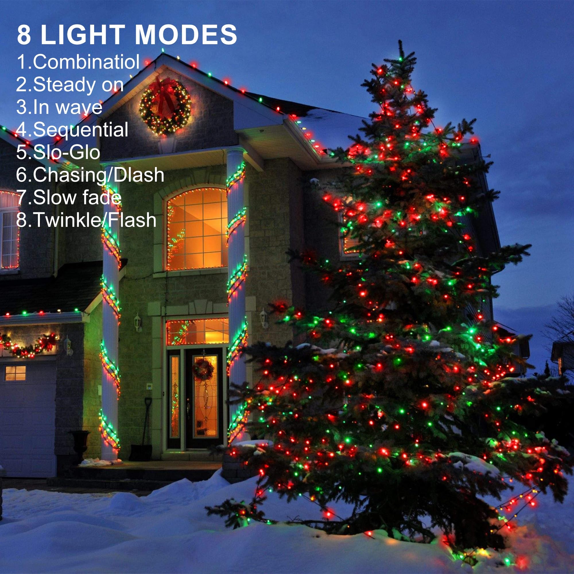 weillsnow 1000 LED Christmas String Lights, Remote & Timer, 8 Modes, Waterproof, Red&Green, Model HB-1000COI