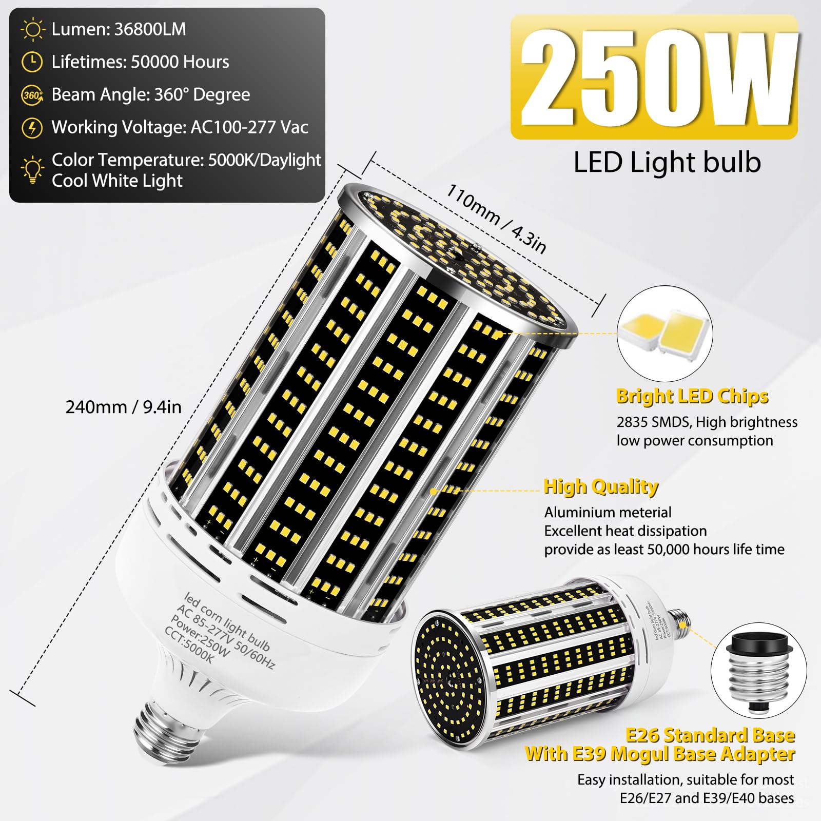 250W 2 Pack Led Corn Light Bulb,(2500W Equivalent )Commercial Grade 36500Lm Daylight 5000K E26/E39 Medium Mogul Base Led Lamp,La