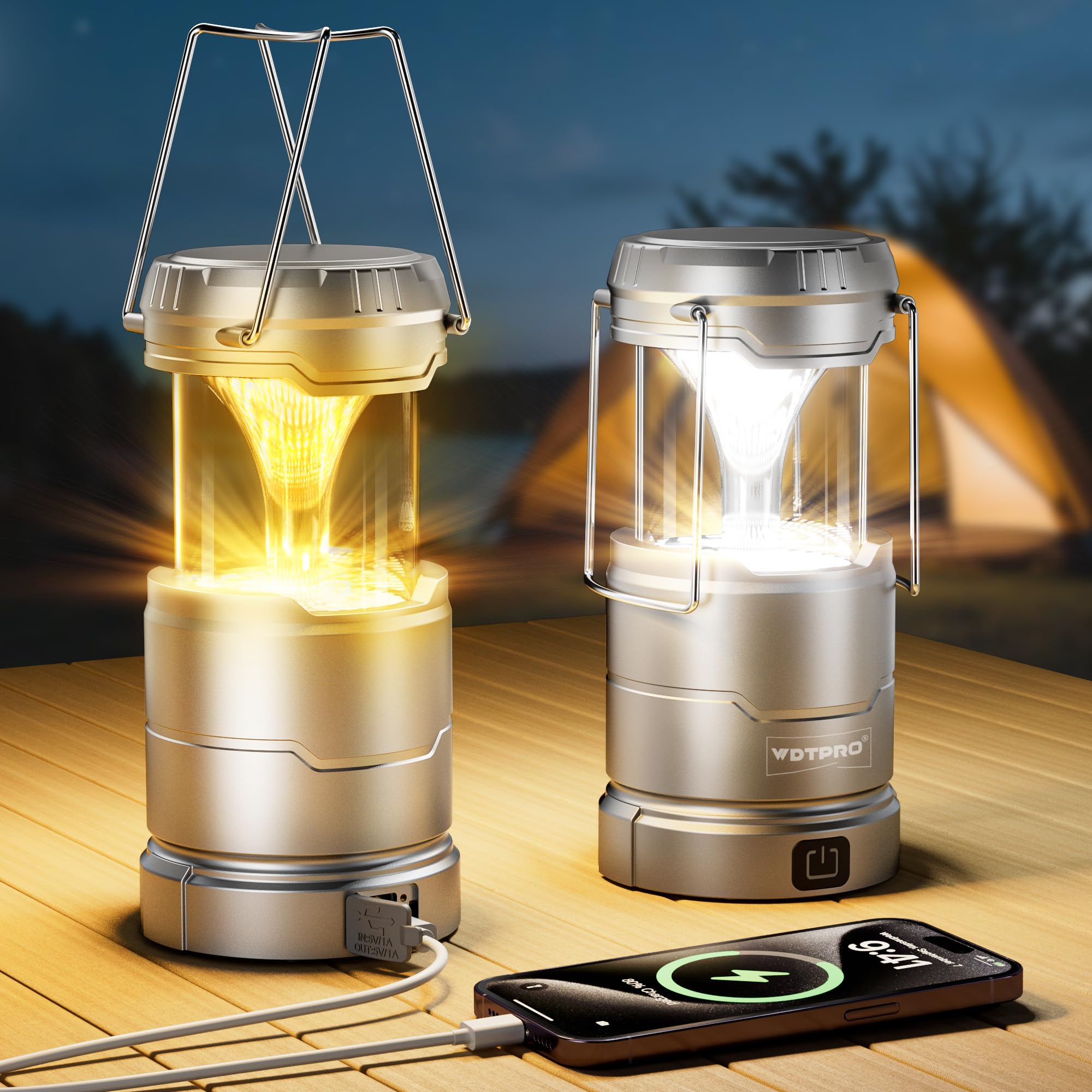 WdtPro Camping Lantern 2 Pack, 65 LED, Waterproof, Collapsible, Stepless Dimming, Gray, Model SCL006