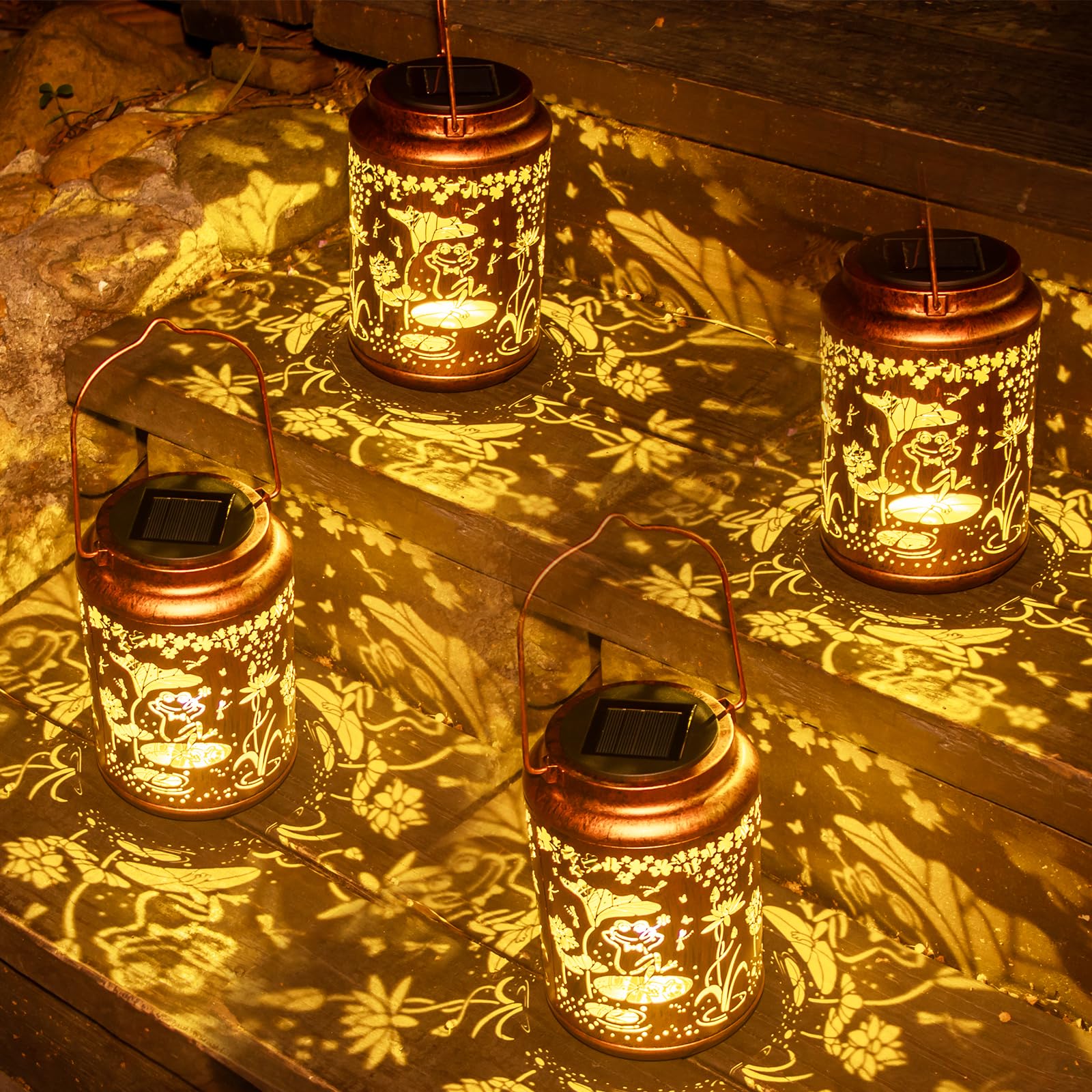 YISITEONE Frog Solar Lanterns 4 Pack, Waterproof Metal Hanging Lights for Garden, Patio, Brown, Model ES04250600009