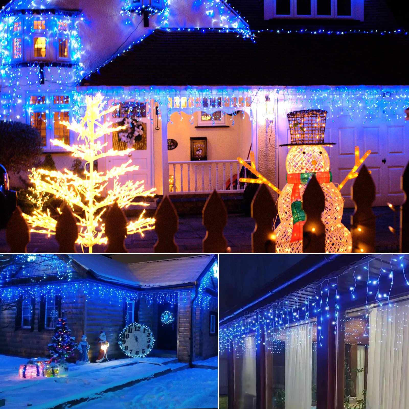 Brightown 33 FT Christmas Icicle Lights, 384 LED, Waterproof Twinkle Fairy Light, Blue & White, Model DMO-300