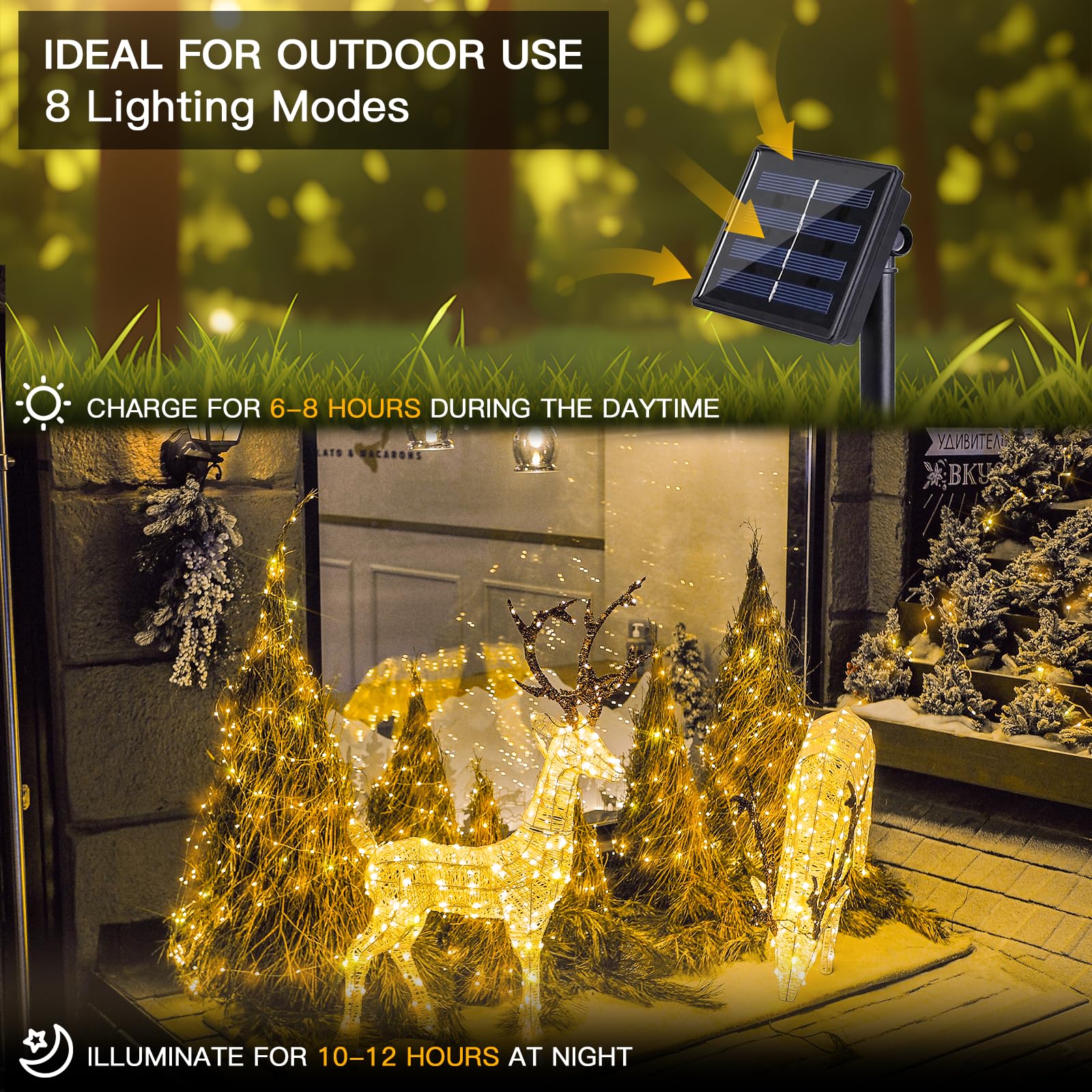 Suddus Solar String Lights For Outside, 2 Pack Total 66Ft 200 Led Solar Fairy Lights Outdoor Waterproof, 8 Modes Twinkle Lights