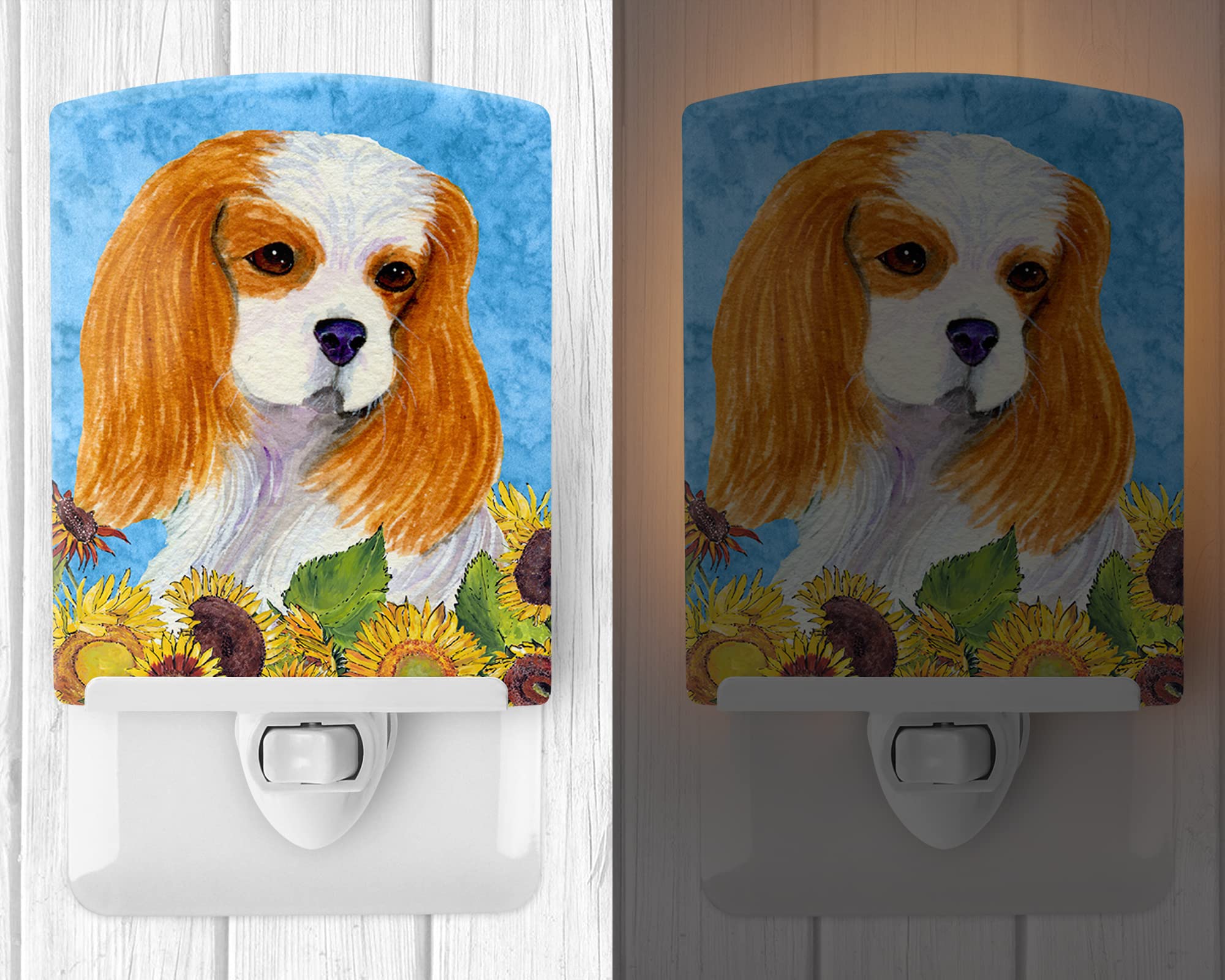 Carolines Treasures Ceramic Night Light, SS4161CNL, 6x4x3in, Cavalier Spaniel in Summer Flowers, UL-Certified for Bedroom, Bathroom, Nursery