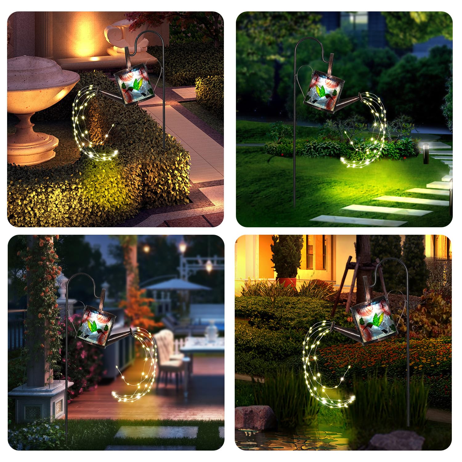 Solar Outdoor Landscape Lights-Waterproof 3D Hummingbird Watering Can Stake Lights With Warm Led For Garden Patio Decoration (Hu