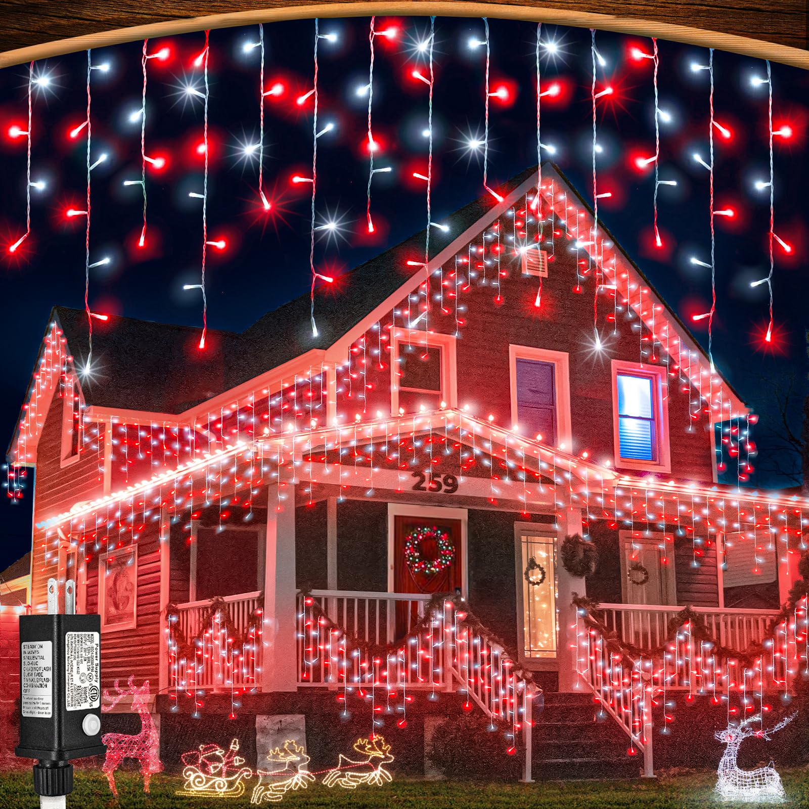 99Ft Red And White Christmas Lights  1216 Led Icicle Lights For Outside  Clear Wire Twinkle Light With 8 Modes Timer Waterproof For House Window Party Tree Holiday Patio Yard Home Decoration