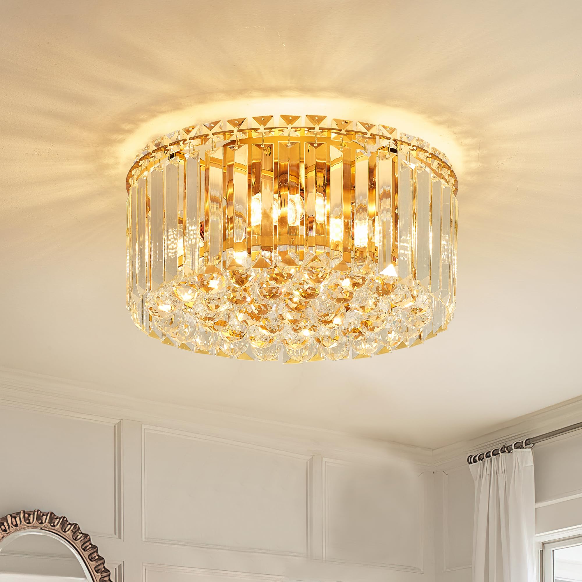 Faibra 12.6'' Gold K9 Crystal Raindrop Flush Mount Ceiling Light, Modern Chandelier, Round Luxury Light Fixture For Dining Room,
