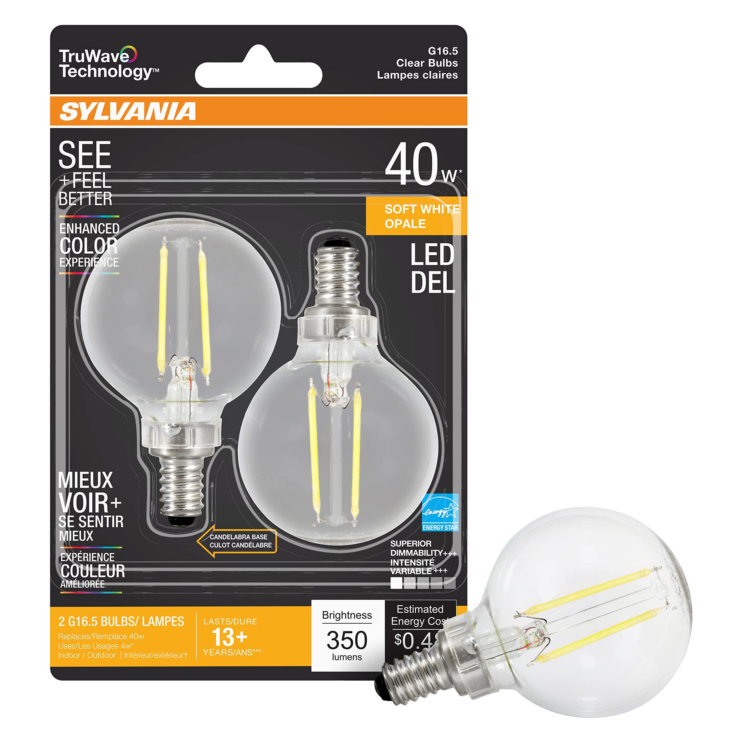 LEDVANCE SYLVANIA LED Globe Light Bulb, 40W Equivalent, Dimmable, 350 Lumens, 2700K Soft White, 2 Pack, Model 40784