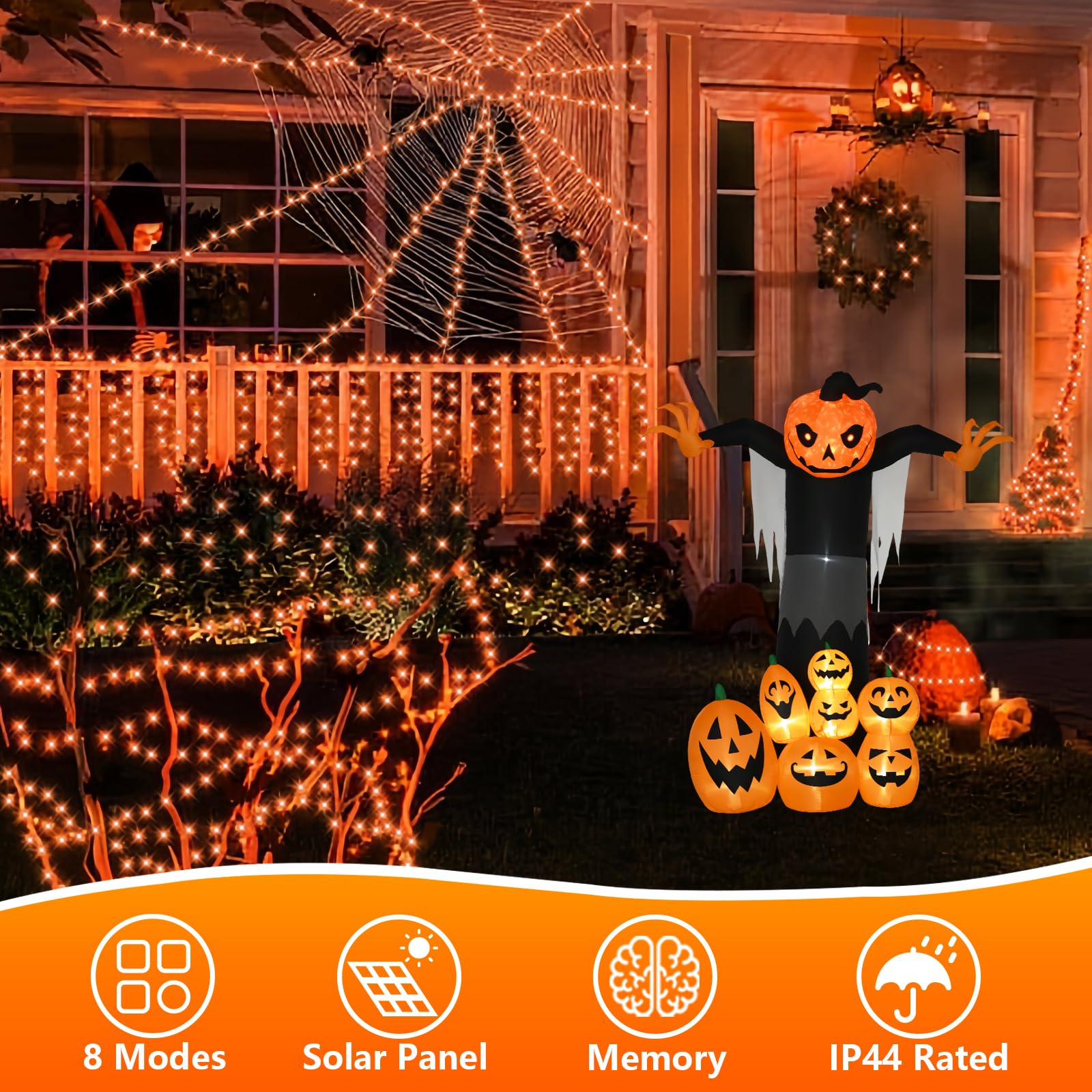 Qitong Orange Solar Halloween Lights Outdoor Waterproof, 2 Pack Each 66Ft 200 Led String Lights, Silver Wire Orange Lights For H