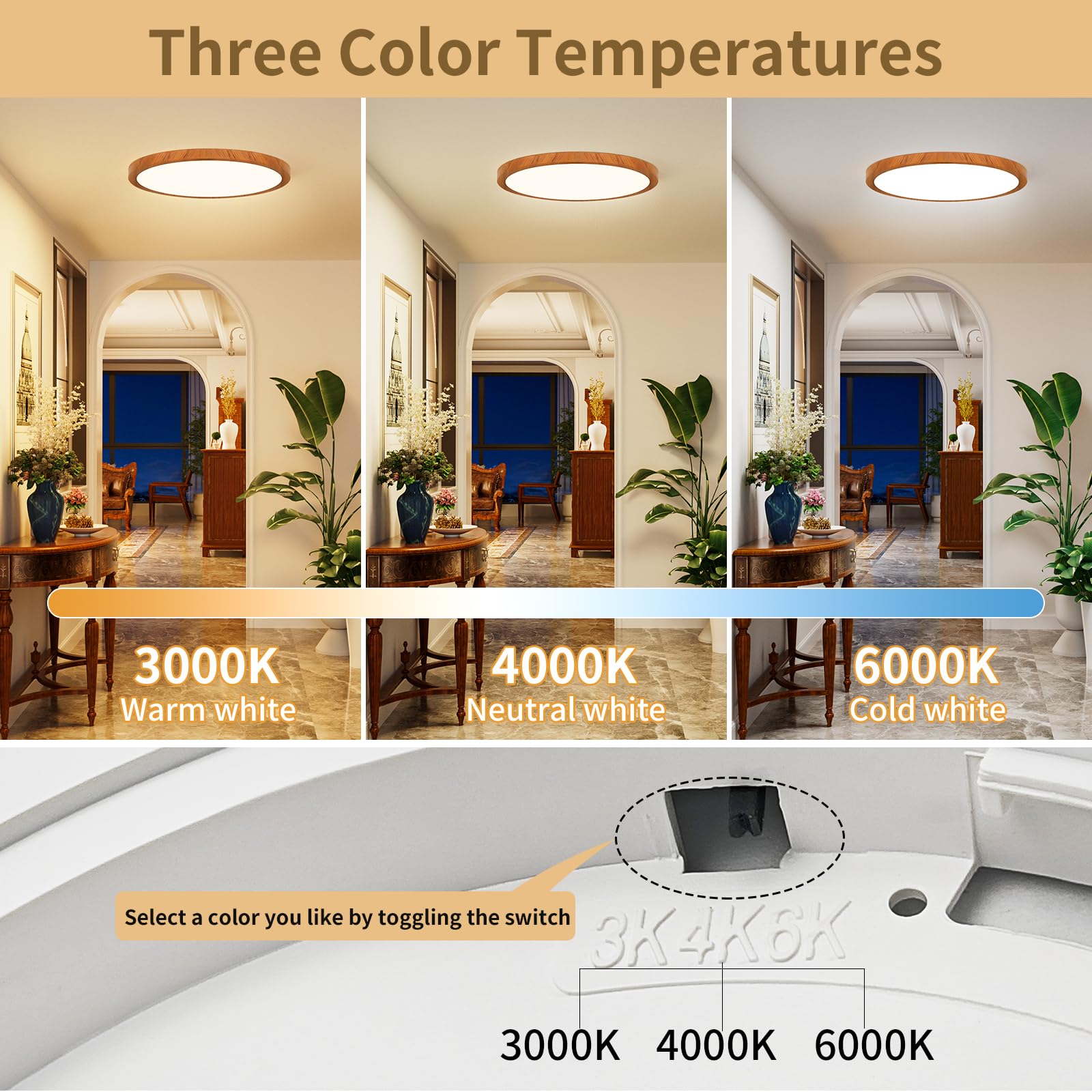 Light Fixtures Ceiling Mount: 12 Inch 24W Wood Grain 3Cct Led Ceiling Light 3000K-4000K-6000K Selectable Flat Round Lights For B