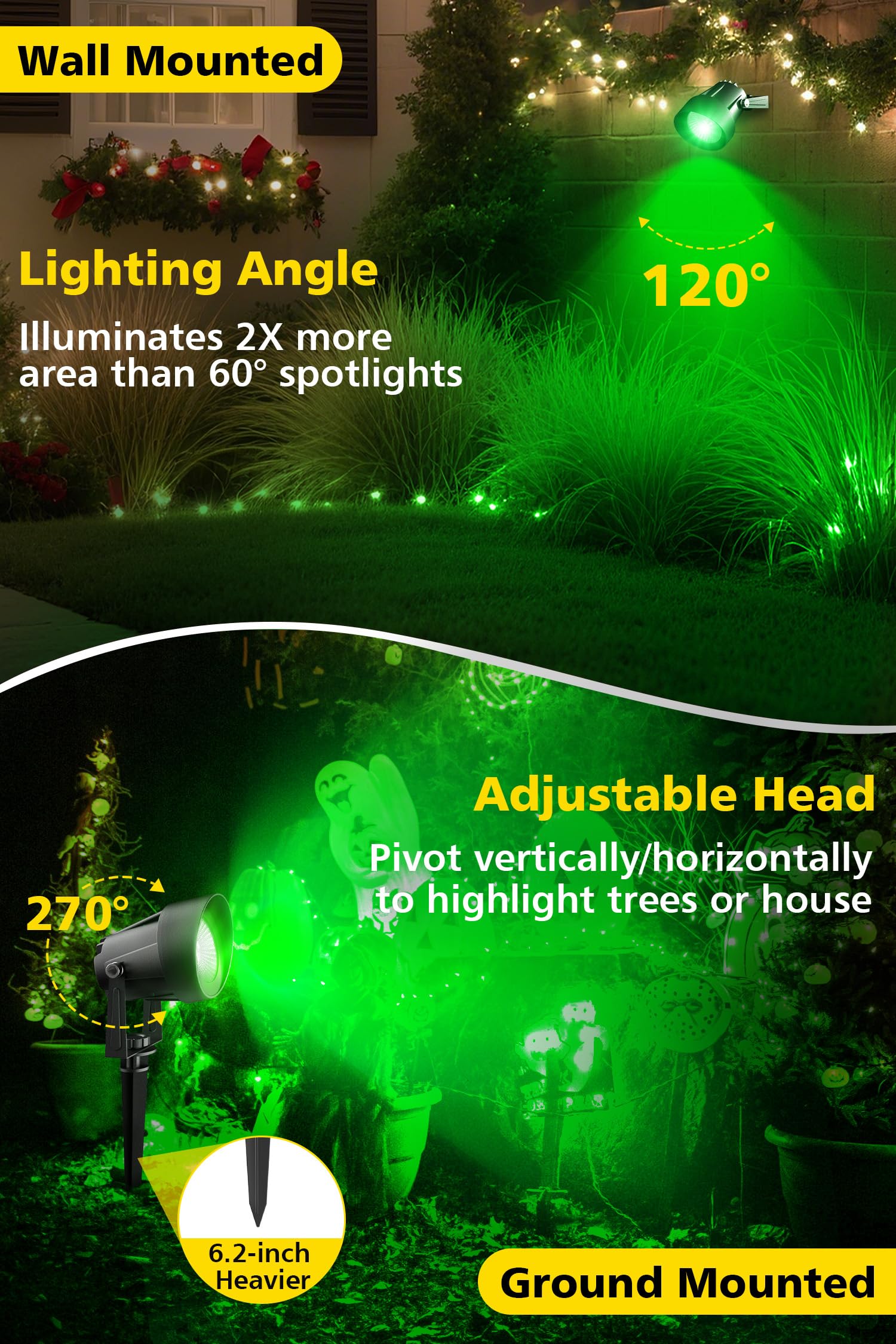 T-Sun Christmas Green Spotlight Outdoor  Waterproof Led Landscape Lighting With Us Plug  Easy Install 270?Adjustable Outdoor Spot Lights For Garden Tree Yard Decor  2 Pack