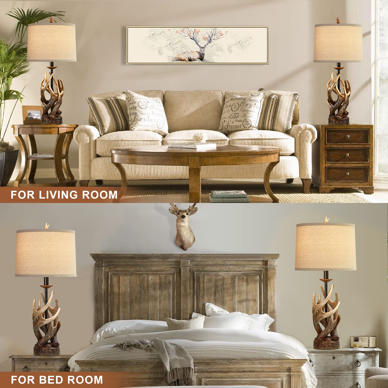 Huitico Rustic Farmhouse Table Lamp For Living Room End Table Deer Antler Lamps With Usb Ports 28'' Tall Western Lamps For Bedro