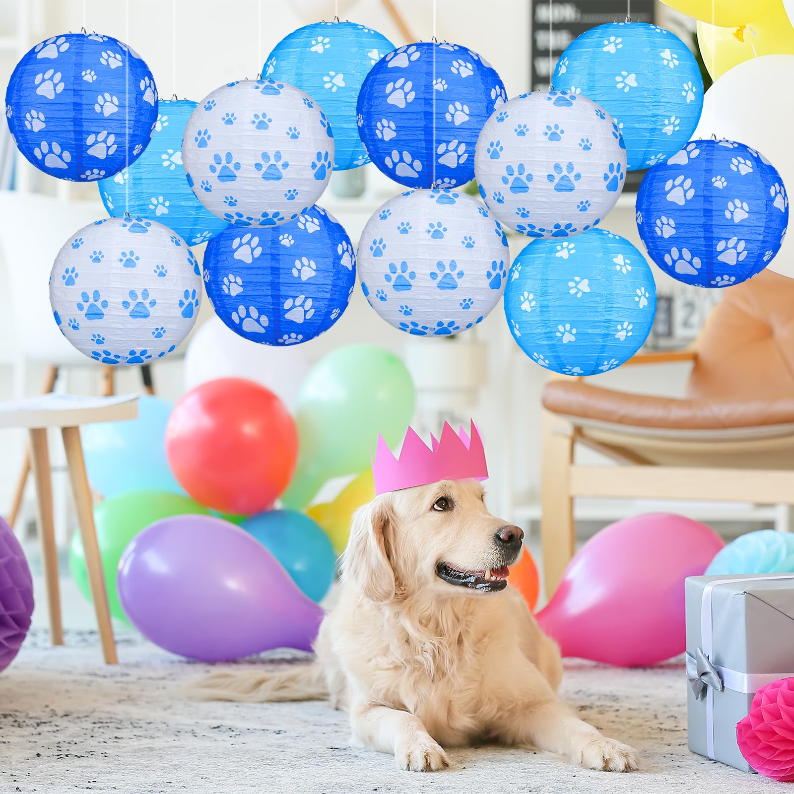 Panelee 12 Pcs Dog Paw Print Paper Lanterns Puppy Themed Party Decorations Blue And White Pet Paw Print Round Hanging Lanterns 8