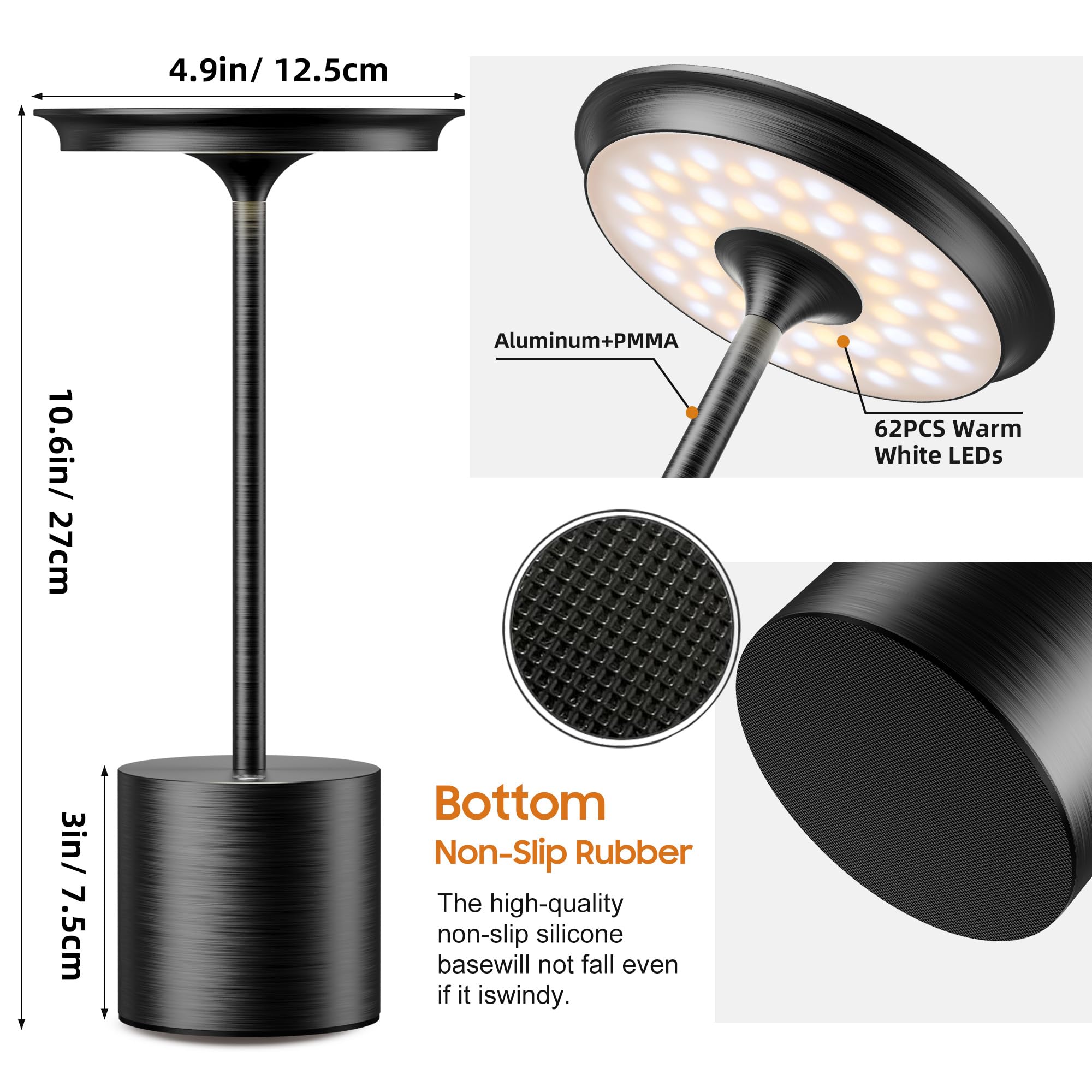Sikevht Cordless Table Lamp, LED Light, 6000mAh Battery, 3 Color Dimming, Black, Model S823