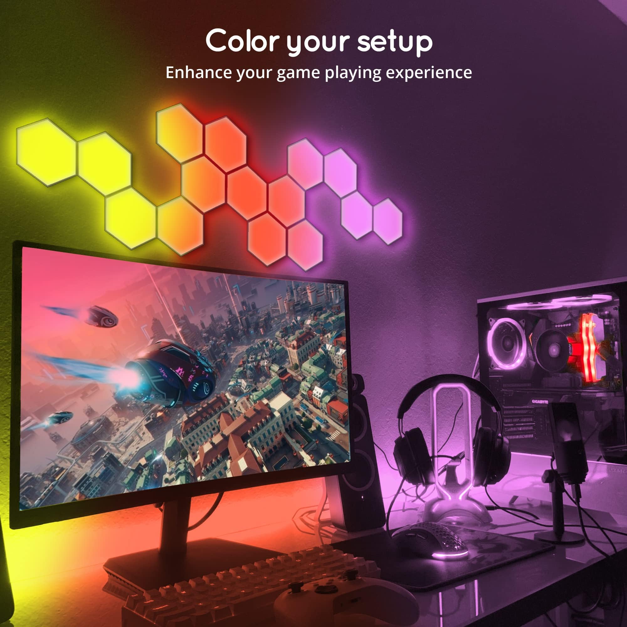 Lumoonosity LED Hexagon Lights - RGB Color Changing - 6-PACK Kit - Multicolor - Music Sync Wall Panels