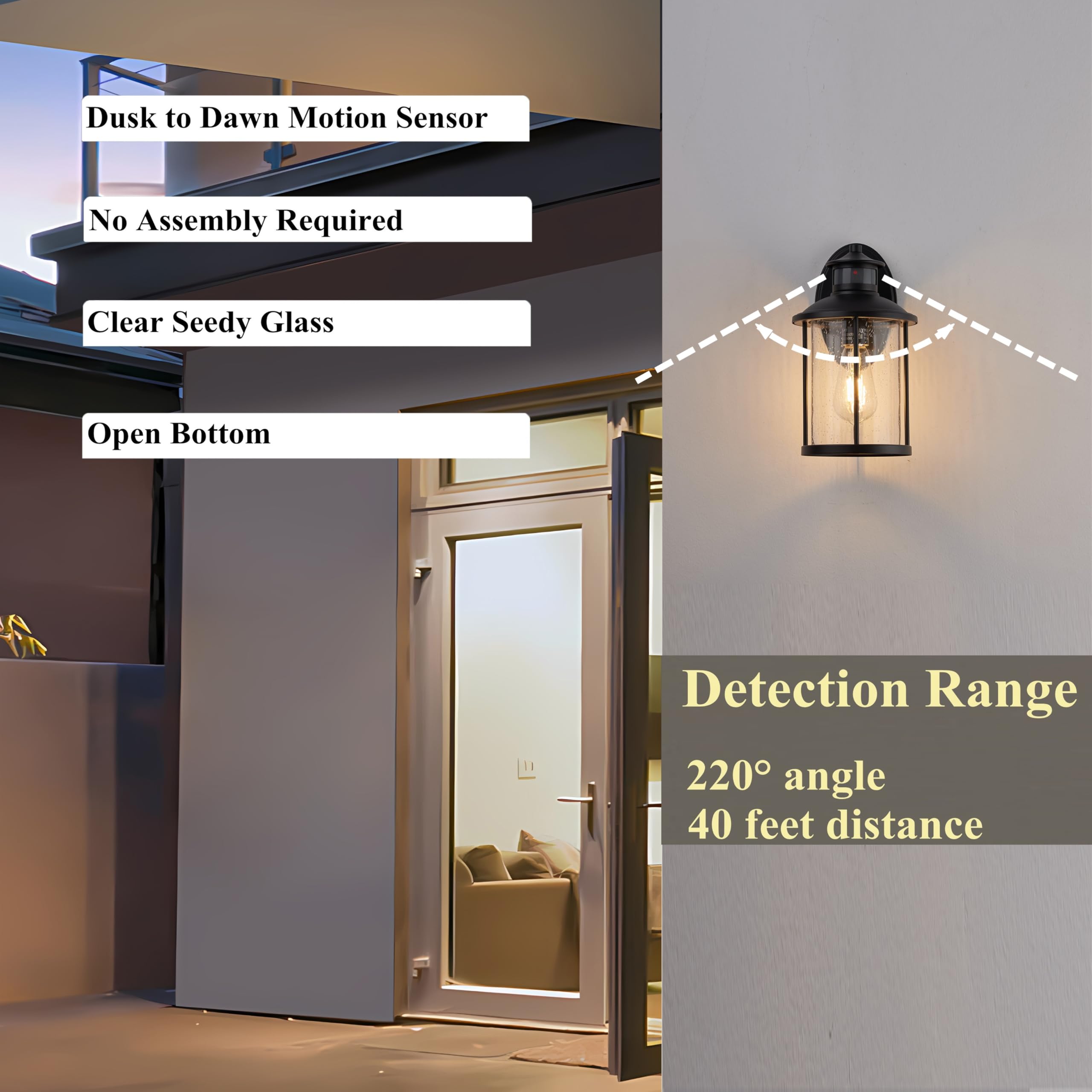 MICSIU Motion Sensor Outdoor Wall Light Fixture, 11.5 Inch, Dusk to Dawn, Matte Black, Clear Seedy Glass, Model 700138