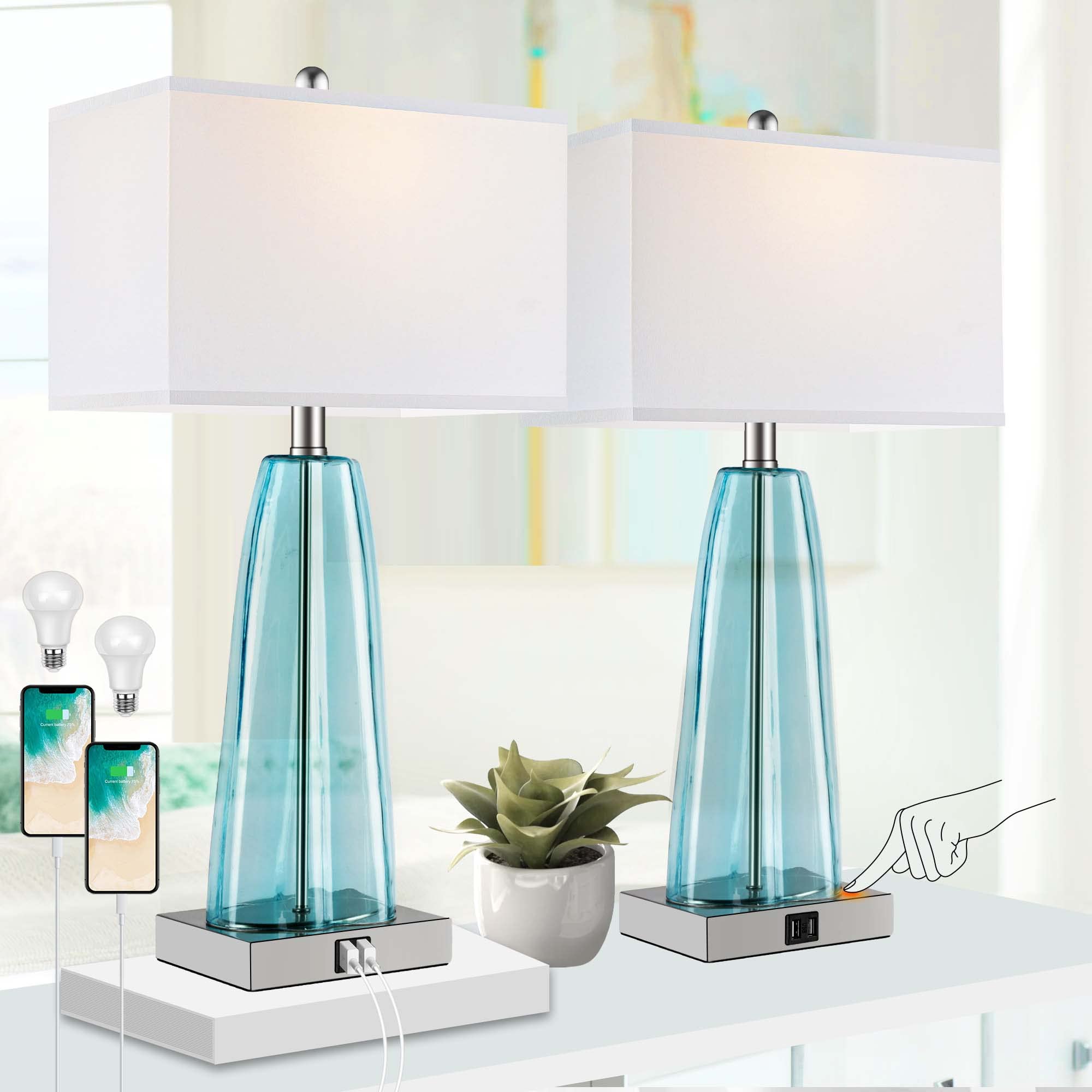Table Lamp Set of 2 Touch Control, Contemporary Blue Green Glass Bedside Lamp with 2 USB Ports, 3-Way Dimmable Nightstand Lamps