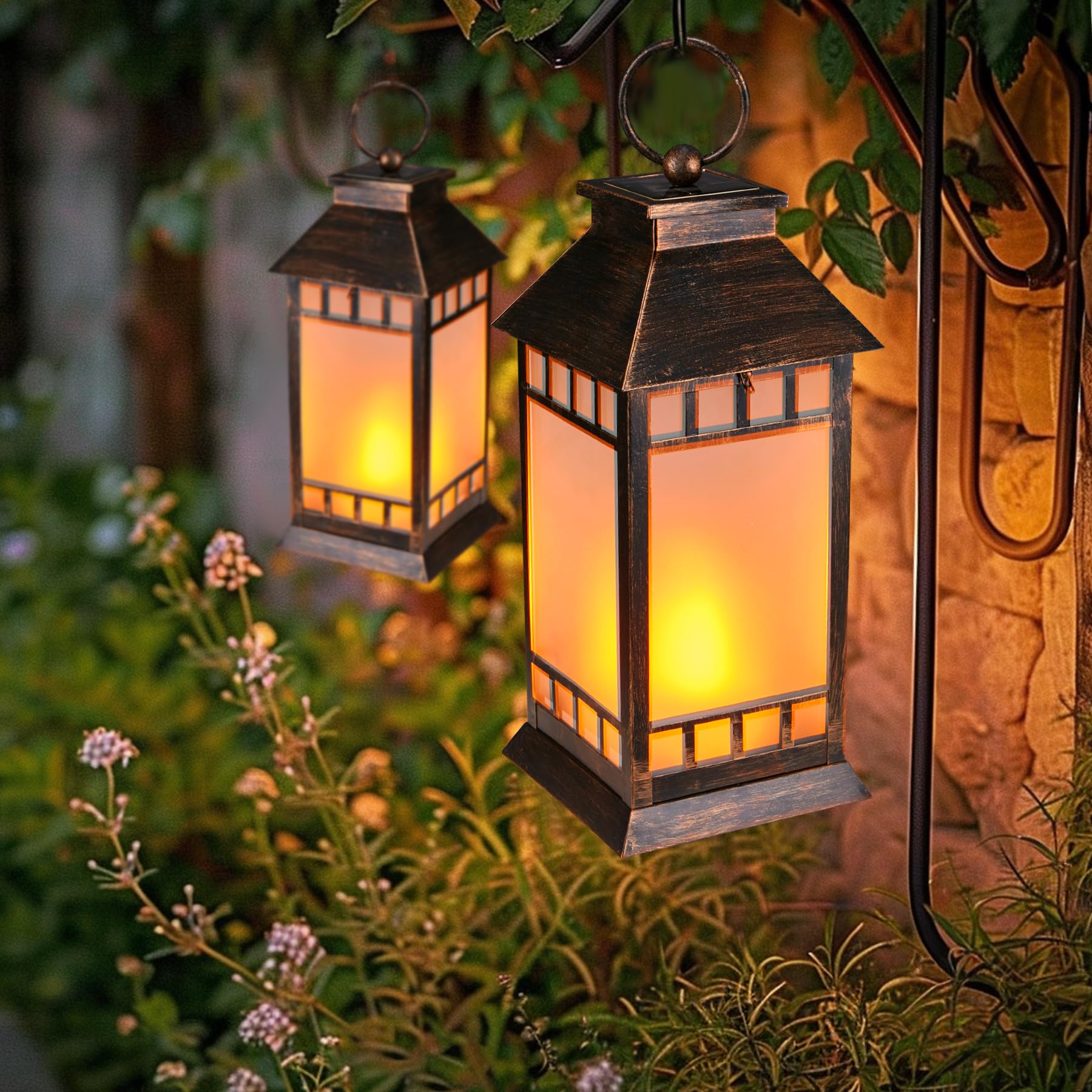 18'' Glass Solar Lantern Outdoor Waterproof, Large Hanging Solar Lanterns With Flickering Flame Lights, Metal Outdoor Lantern De