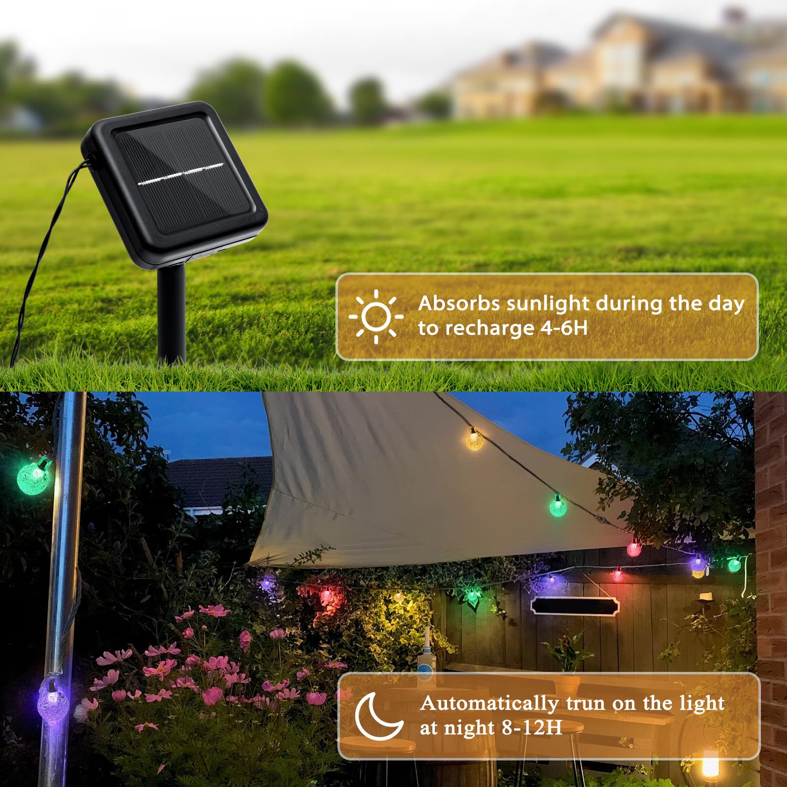Galavasen Outdoor Solar String Lights, 46FT 66LED 8Modes Crystal Color Solar Powered Christmas Fairy String Lights for Outside Y