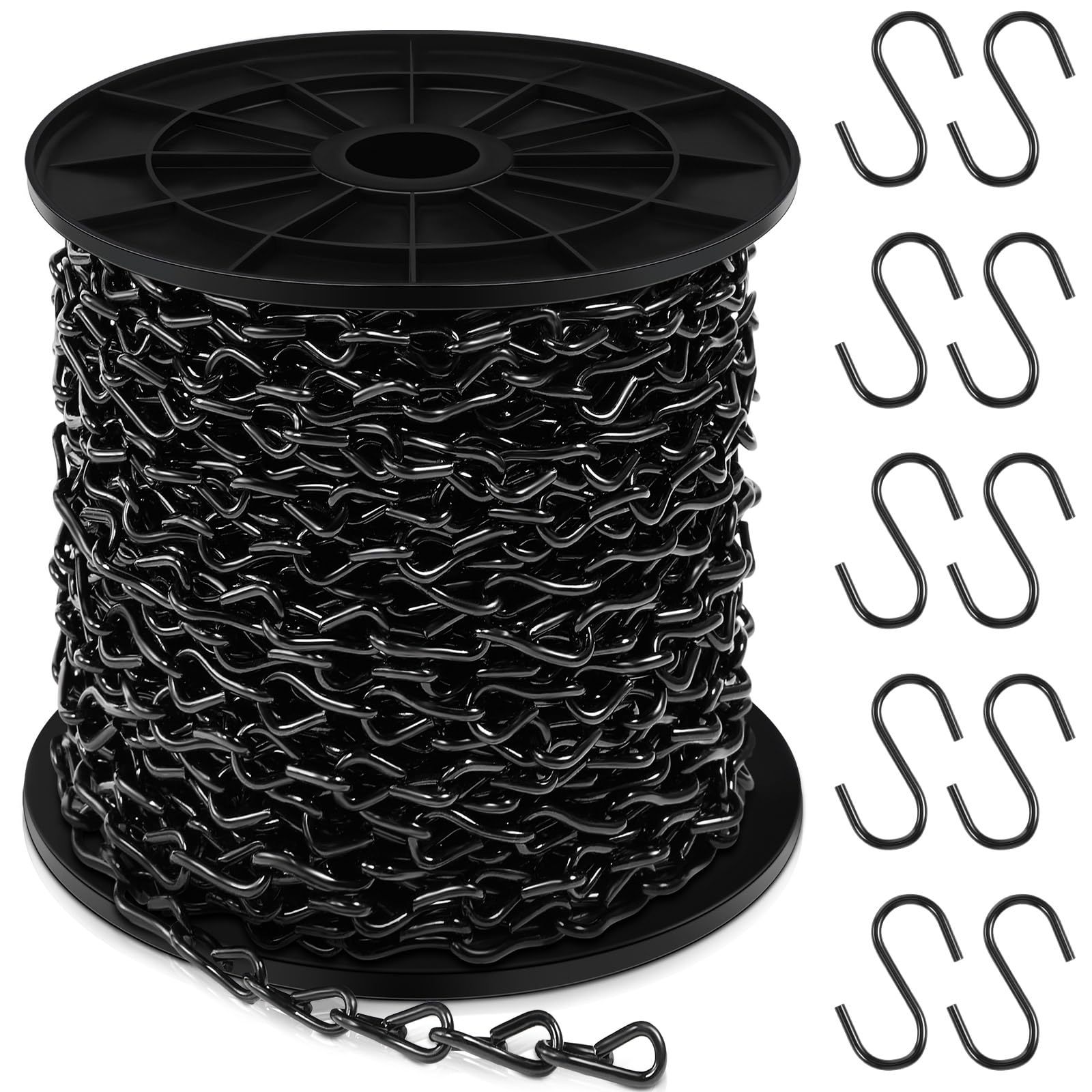 Yaocom 150ft Black Jack Chain with 10 Pcs S Hooks Galvanized Steel Twist Chain with Spool-weldless for Hanging Fixture, Bird Fee