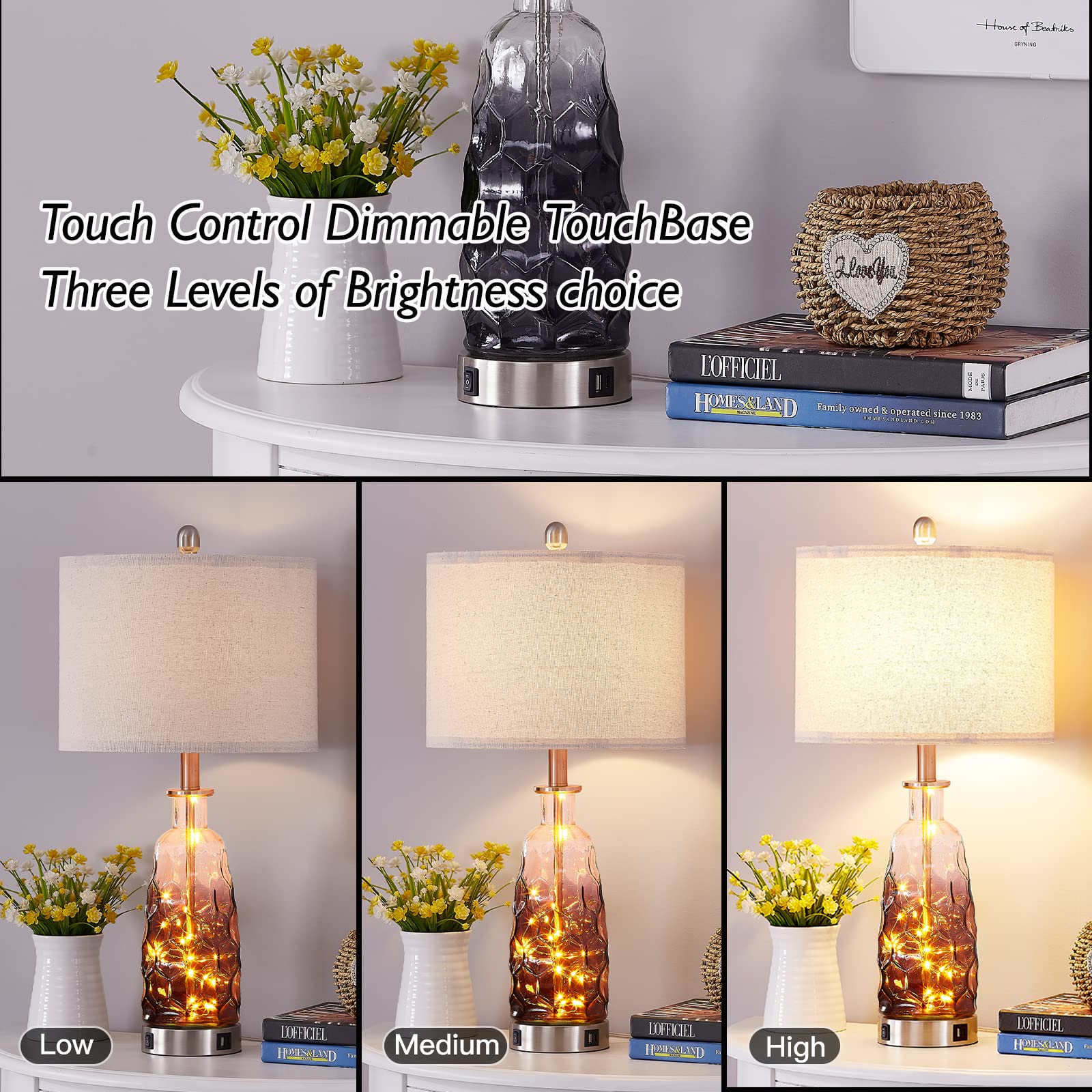 YAMEIWAN 28.7 Farmhouse Vintage Table Lamp Set of 2 with Daul USB Charging Ports QC3.0, 3-Way Dimmable Touch Lamp for Living Roo