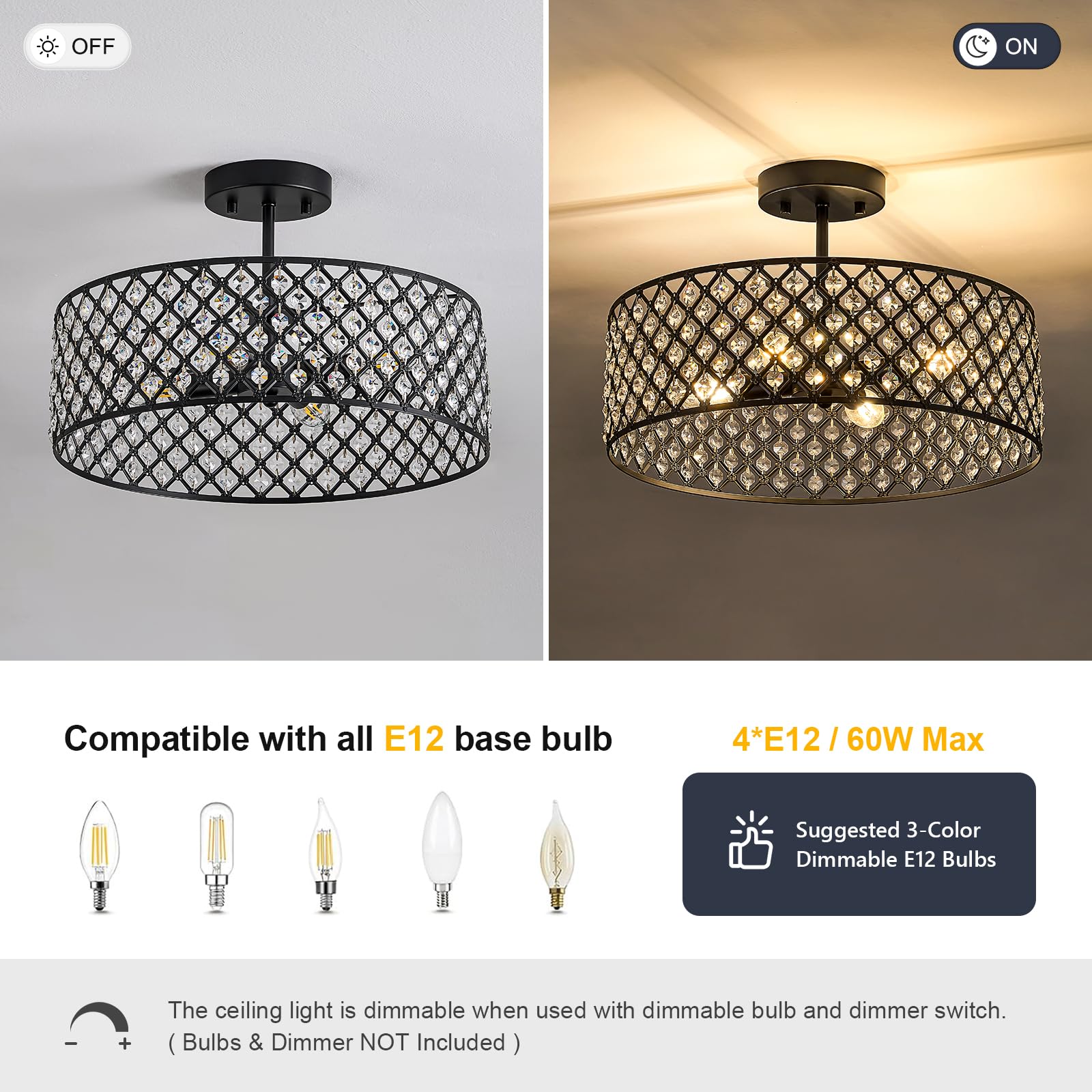 Bzvesr Black Crystal Ceiling Light Fixture Modern Semi Flush Mount Ceiling Lighting Fixture Round Small Chandelier For Dining Room  Hallway  Entryway  Kitchen  Bedroom Foyer 4 Light 15.7 Inch