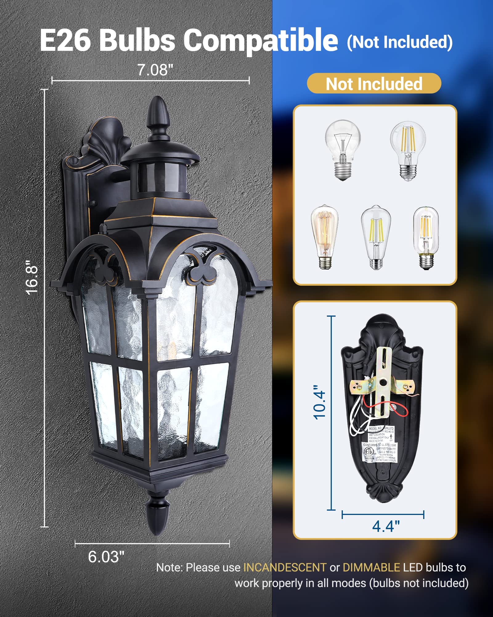 DEWENWILS Motion Sensor Outdoor Wall Lights, Black and Gold, Waterproof, 2-Pack, Model HOWL07BD
