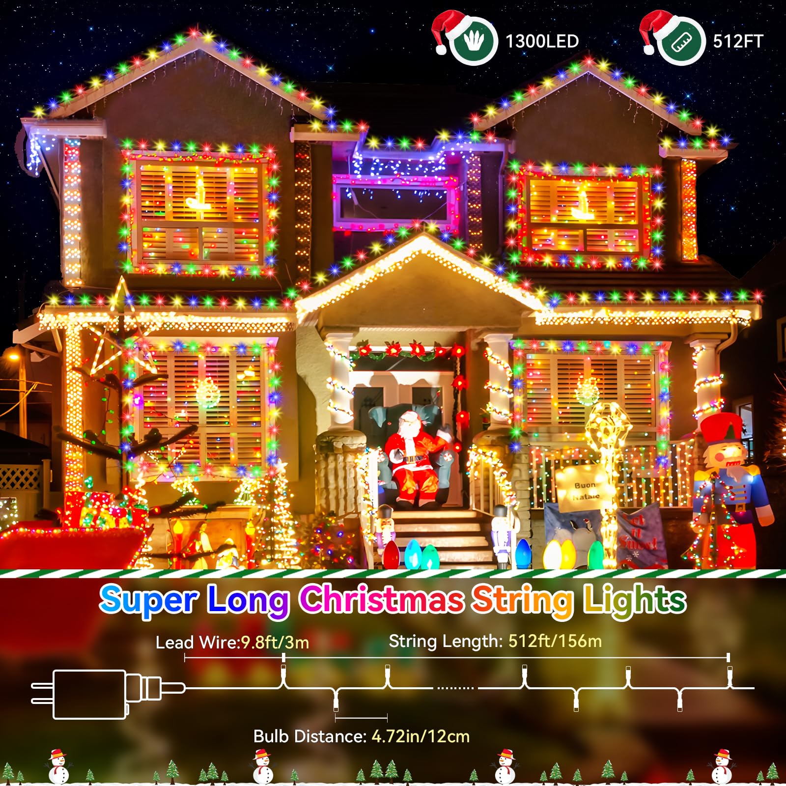 Heceltt 1300LED String Lights Outdoor, 512FT, Multicolor, 8 Lighting Modes, Waterproof, Timer, Model BG-CL3M3-306L01