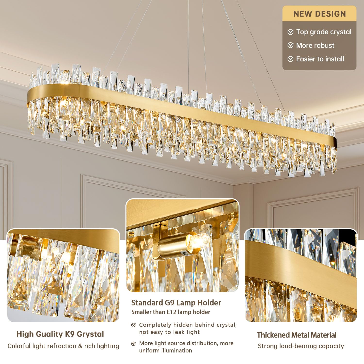 Tmafon Modern Brass Gold Crystal Chandelier, Rectangle K9 Crystal Raindrop Chandelier Lights, Contemporary Ceiling Hanging Light