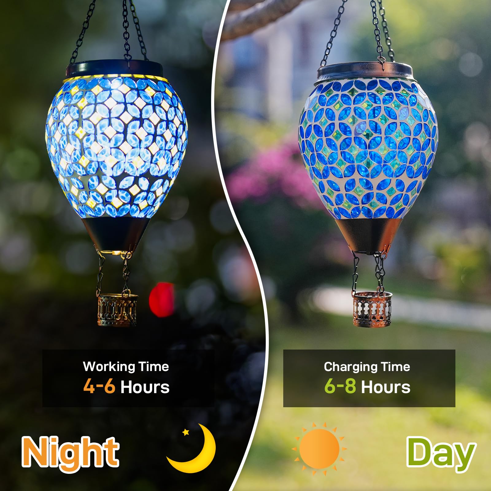 DREAMSKIP Mosaic Hot Air Balloon Solar Lantern, Waterproof Glass, Blue, Model 49120505, Flickering Flame, Outdoor Garden Gift