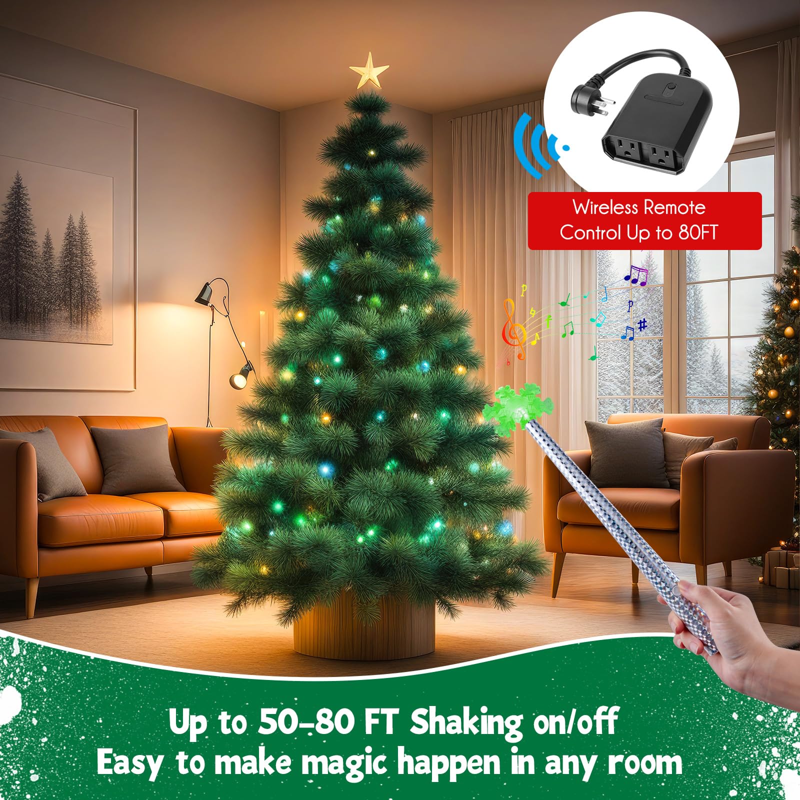 Brightown Wireless Remote Control Outlet - 2-in-1 Magic Lights Wand, Warm White, Ideal for Christmas Tree & Decoration Lights