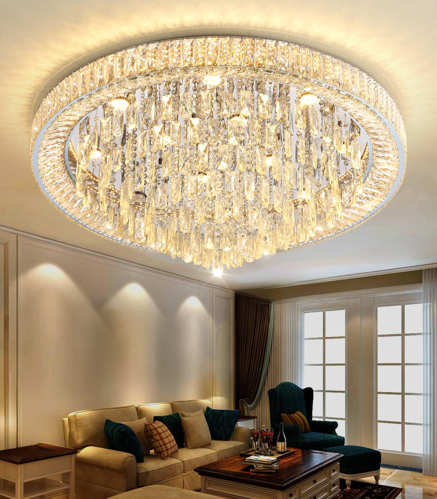 dolria Crystal LED Chandelier, Modern Flush Mount, 39.3'' Width, Silver, Model PC1019-100S, Dimmable for Living Room, Foyer, Bedroom, Dining