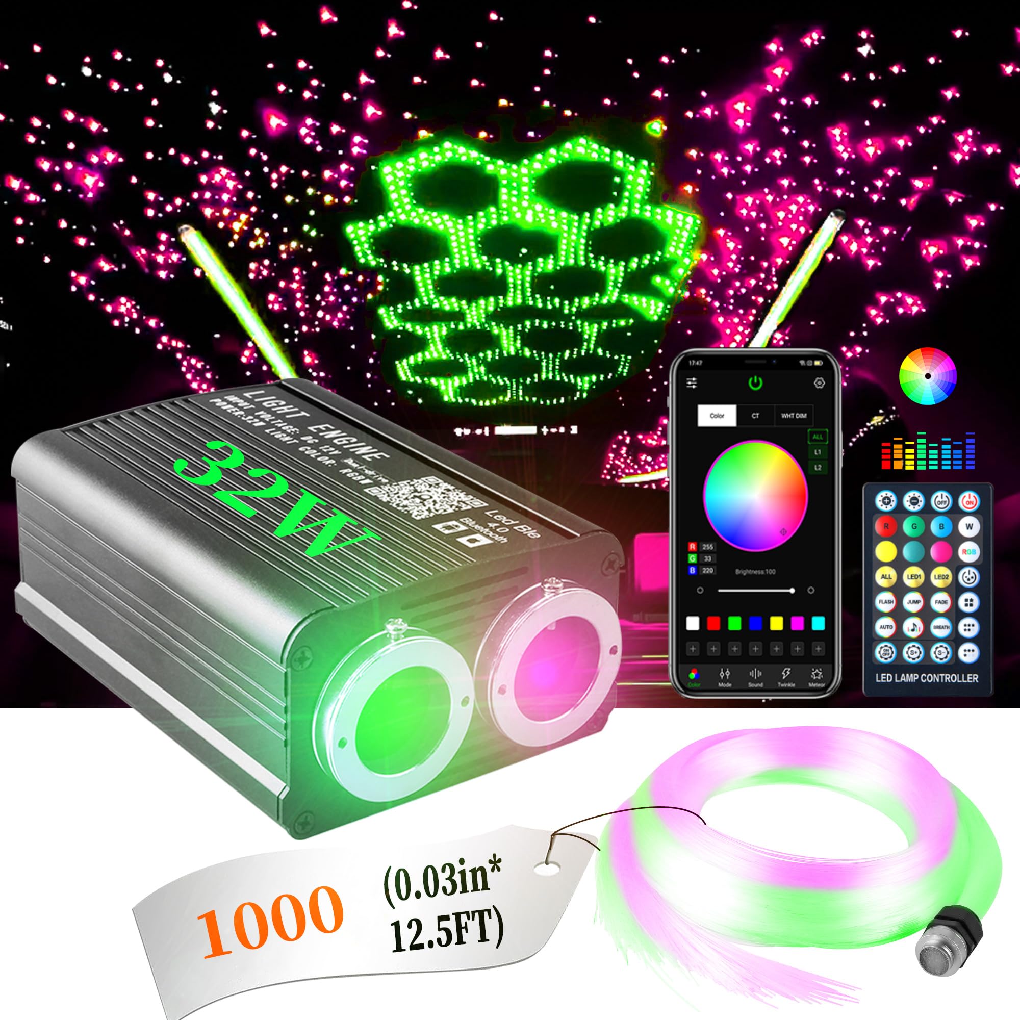 VASTFIRE Dual-Color Starlight Headliner Kit - 1000 Fibers Music Sync 32W RGBW Fiber Optic Car Ceiling Lights for Trucks  SUVs  Jeep Wrangler (2018-2024) | Twinkle Effects | Bluetooth App Control