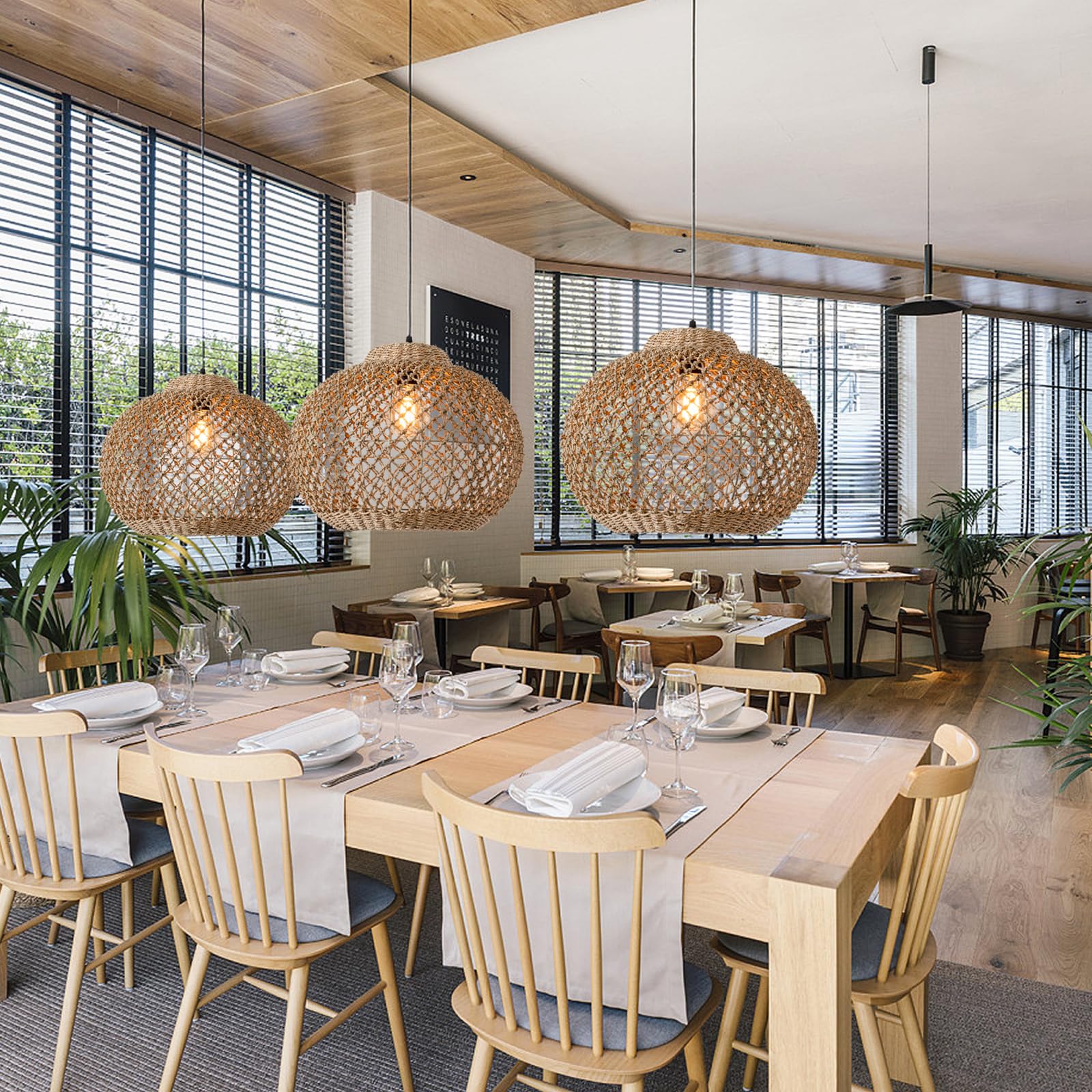 Teru Ji Kaikang 13.77'' Woven Rattan Pendant Light,Hand-Woven Water Plants Rattan Chandelier Boho Wicker Coastal Retro Ceiling C