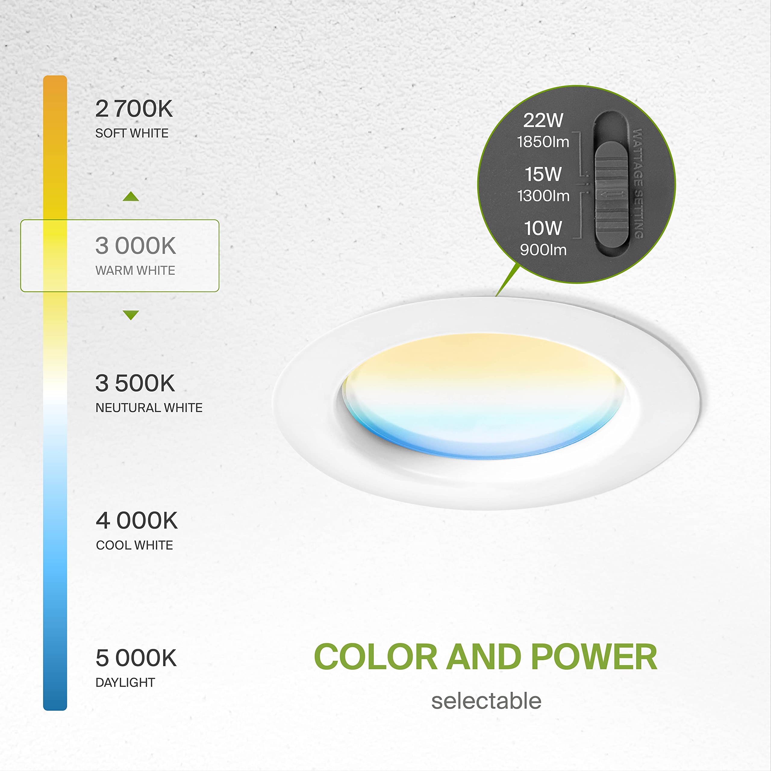 Asd 4 Inch Commercial Canless Led Downlight, Power Adjustable 7/10/13W Lighting, Dimmable Recessed Ceiling Light Fixture, 5 Colo