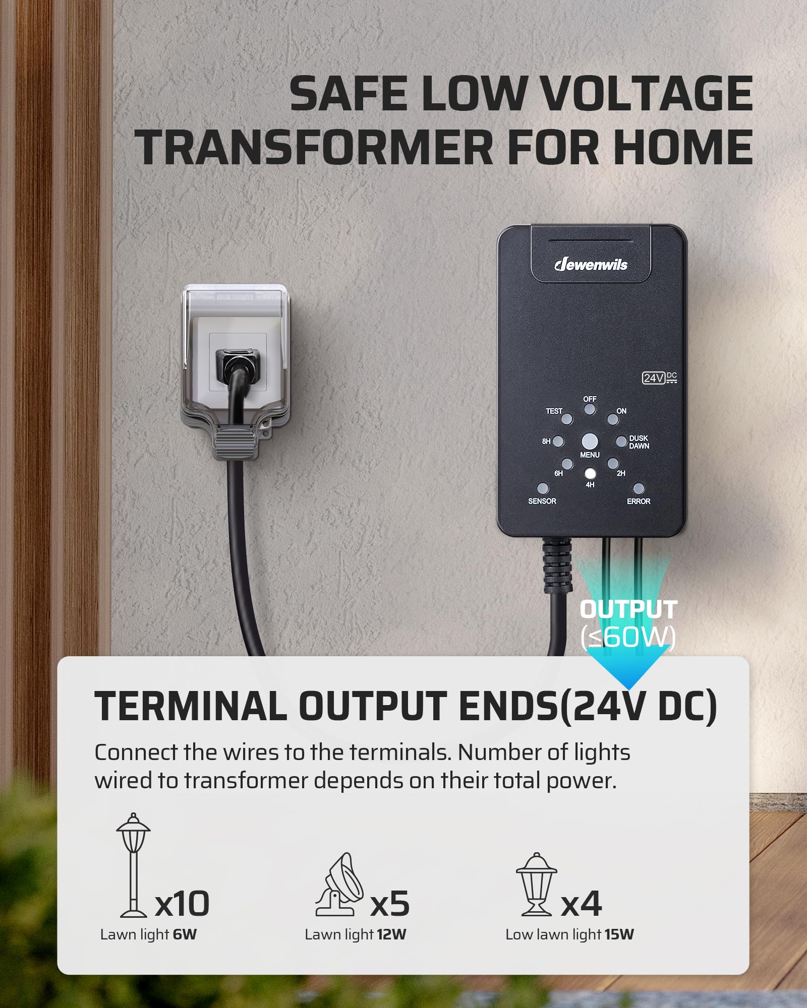 DEWENWILS 60W Low Voltage Landscape Transformer, 120V AC to 24V DC, Weatherproof with Photocell Sensor & Timer, Model HDLT02C