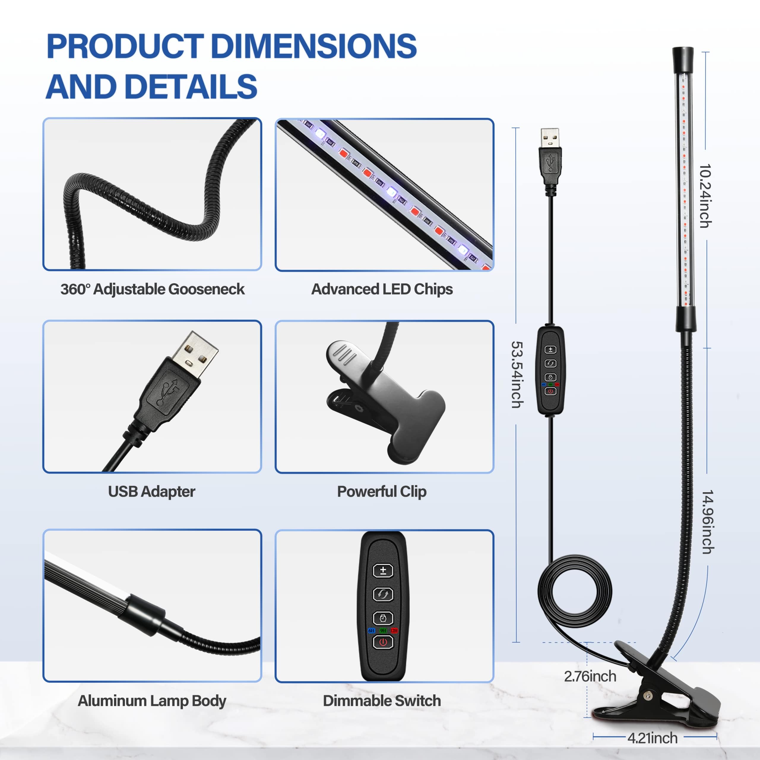 Ipower Plant Grow Light, 6000K Full Spectrum Clip Led Growing Lamp For Indoor Plants, Automatic Timer & 10 Dimmable Levels, 1 Tu