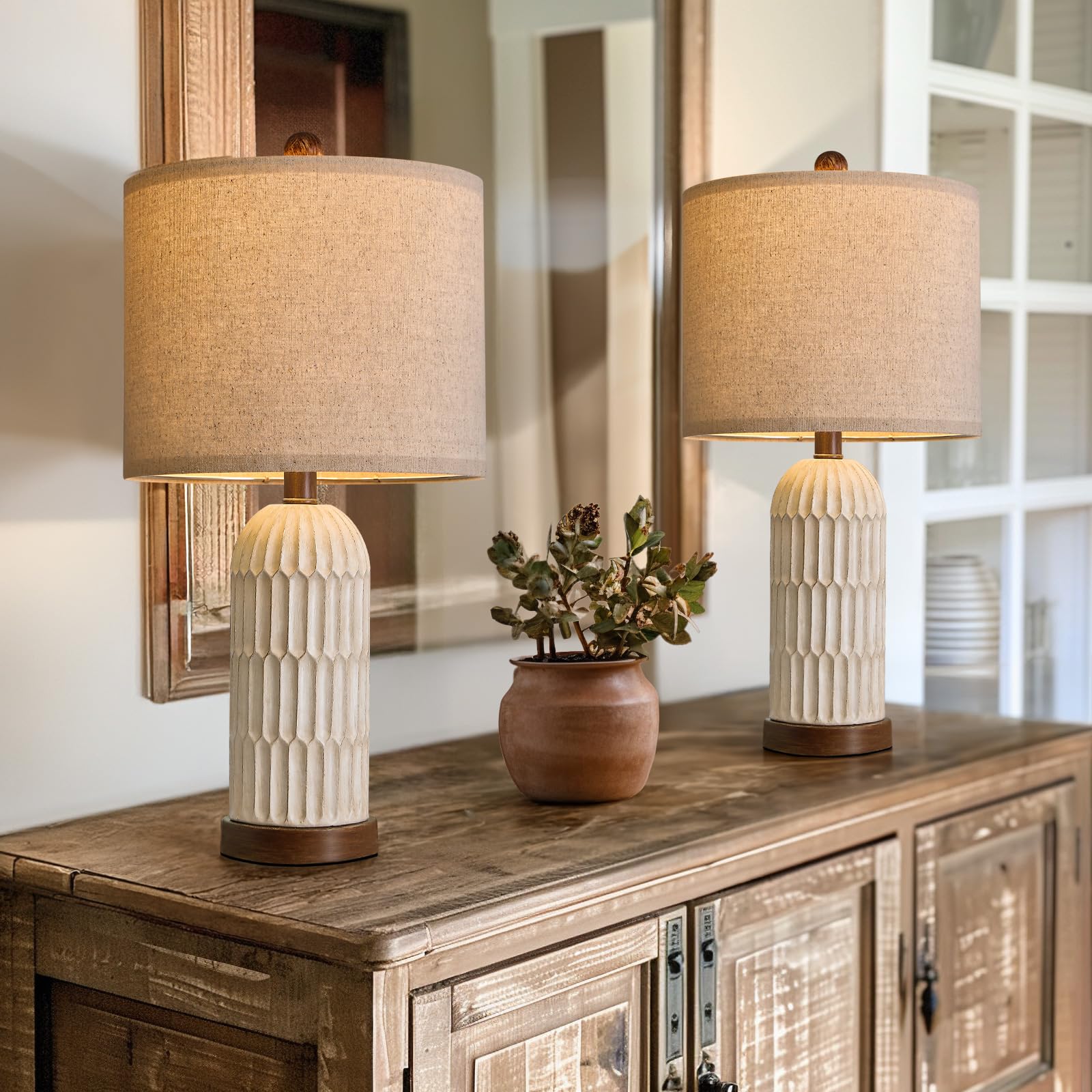 OYEARS 22.5 Table Lamp for Living Room Retro Farmhouse Lamps for Nightstands Boho Bedroom Lamps Set of 2 with USB A+C Charging Ports Beige and Brown