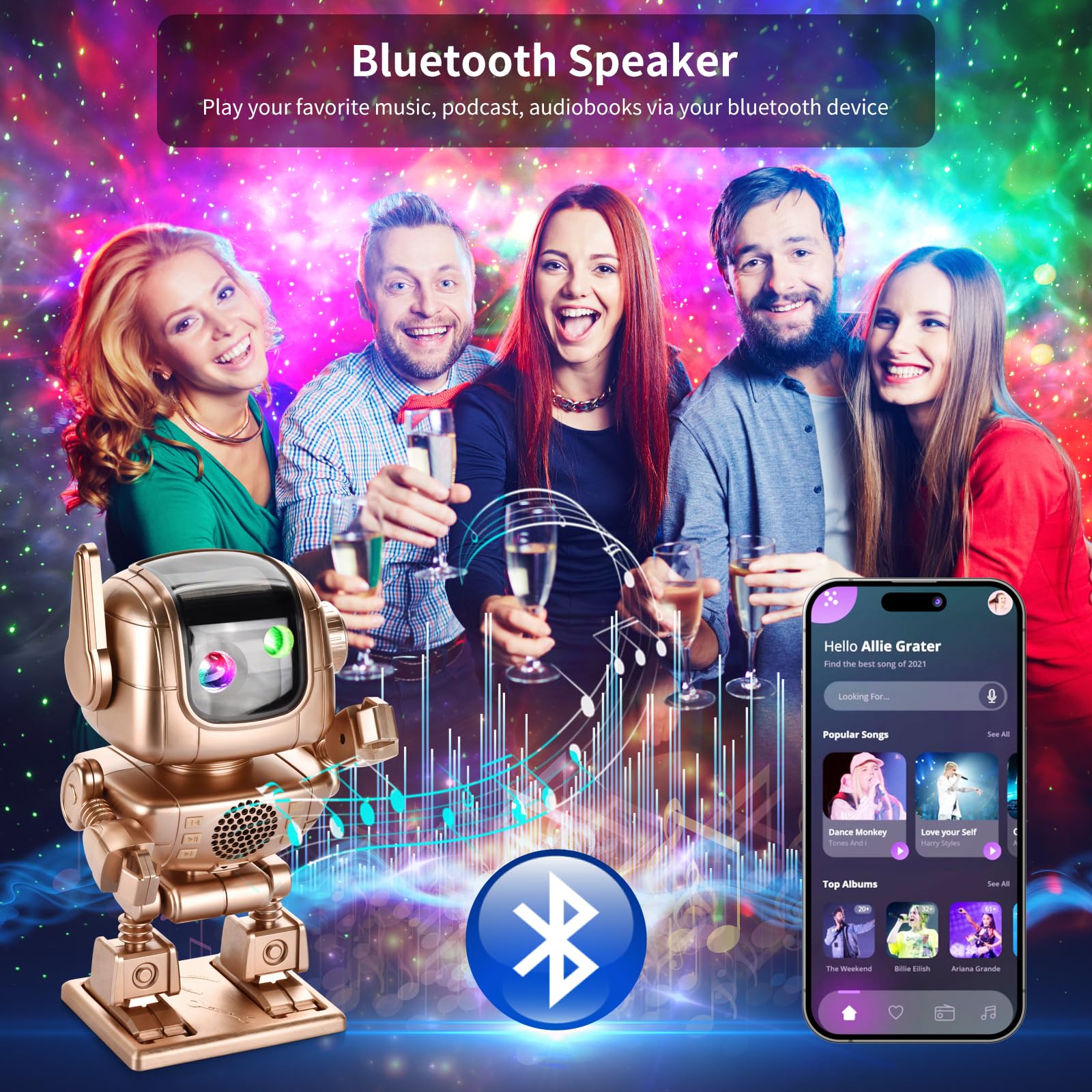 Robot Galaxy Projector, Astronaut Star Projector, Led Night Light Starry Nebula With Timer Remote Control White Noise Bluetooth