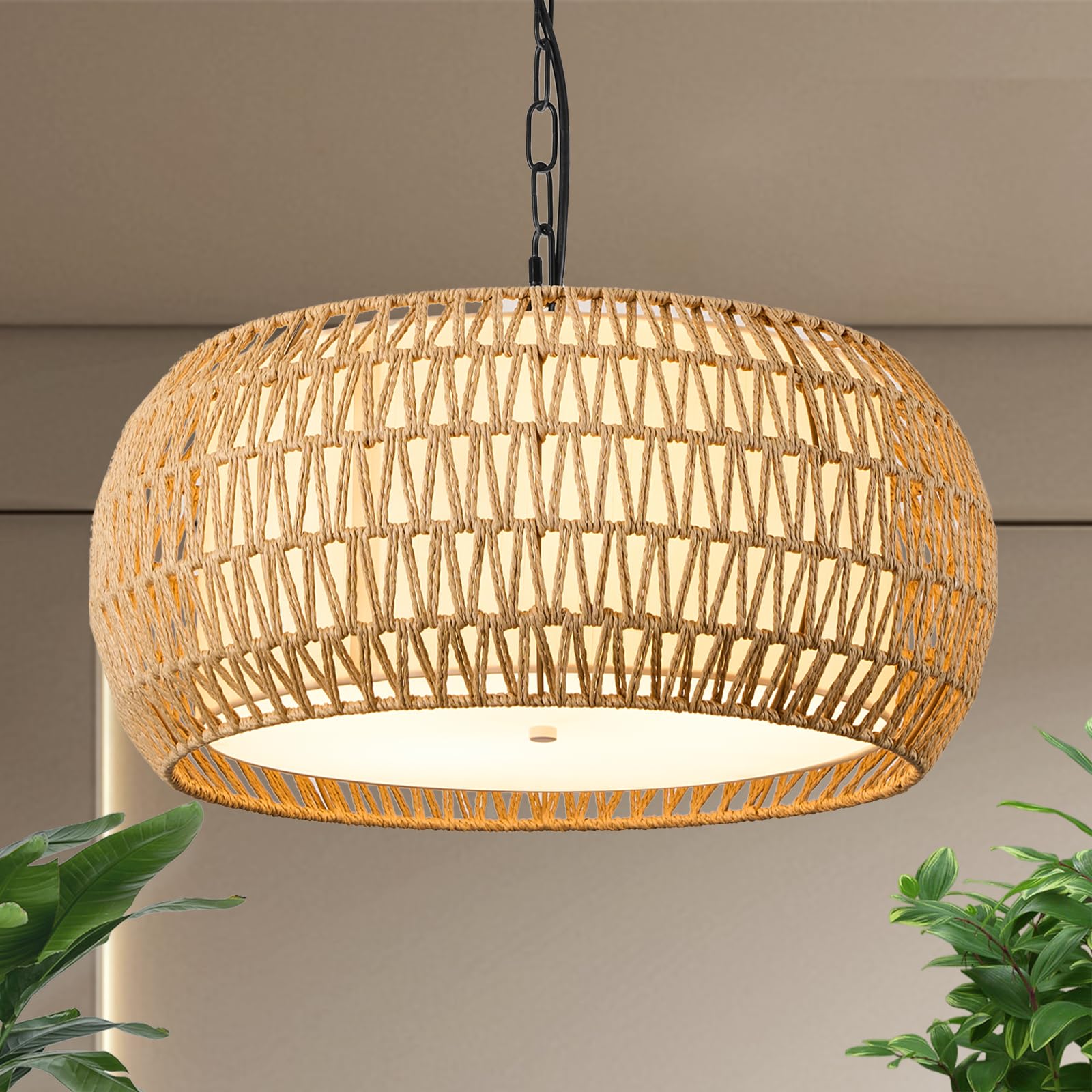 Alaislyc 19 Inch Boho Chandeliers For Dining Room 5-Lights Farmhouse Light Fixtures Large Pendant Light Hand Woven Dining Table 
