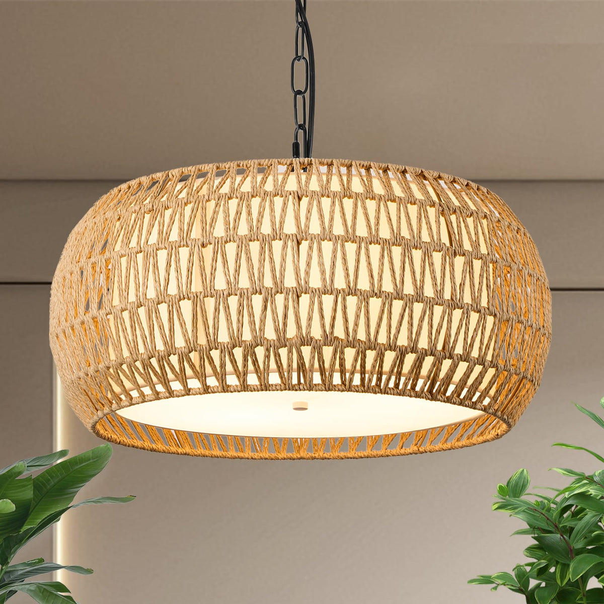 Alaislyc 19 Inch Boho Chandeliers For Dining Room 5-Lights Farmhouse Light Fixtures Large Pendant Light Hand Woven Dining Table 