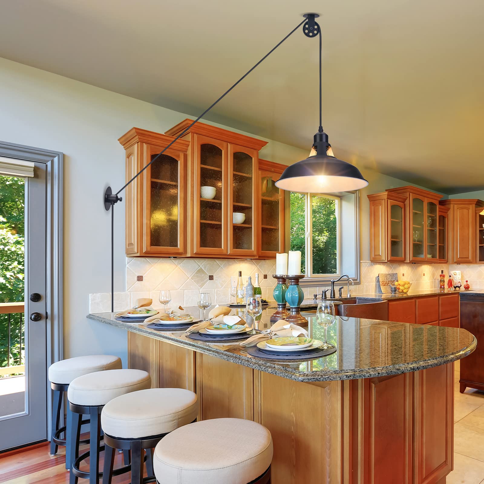 Lomoky Plug In Pulley Pendant Light With 14.76Ft Cord On/Off Switch, Industrial Barn Black Hanging Lights With Plug In Cord, Pul