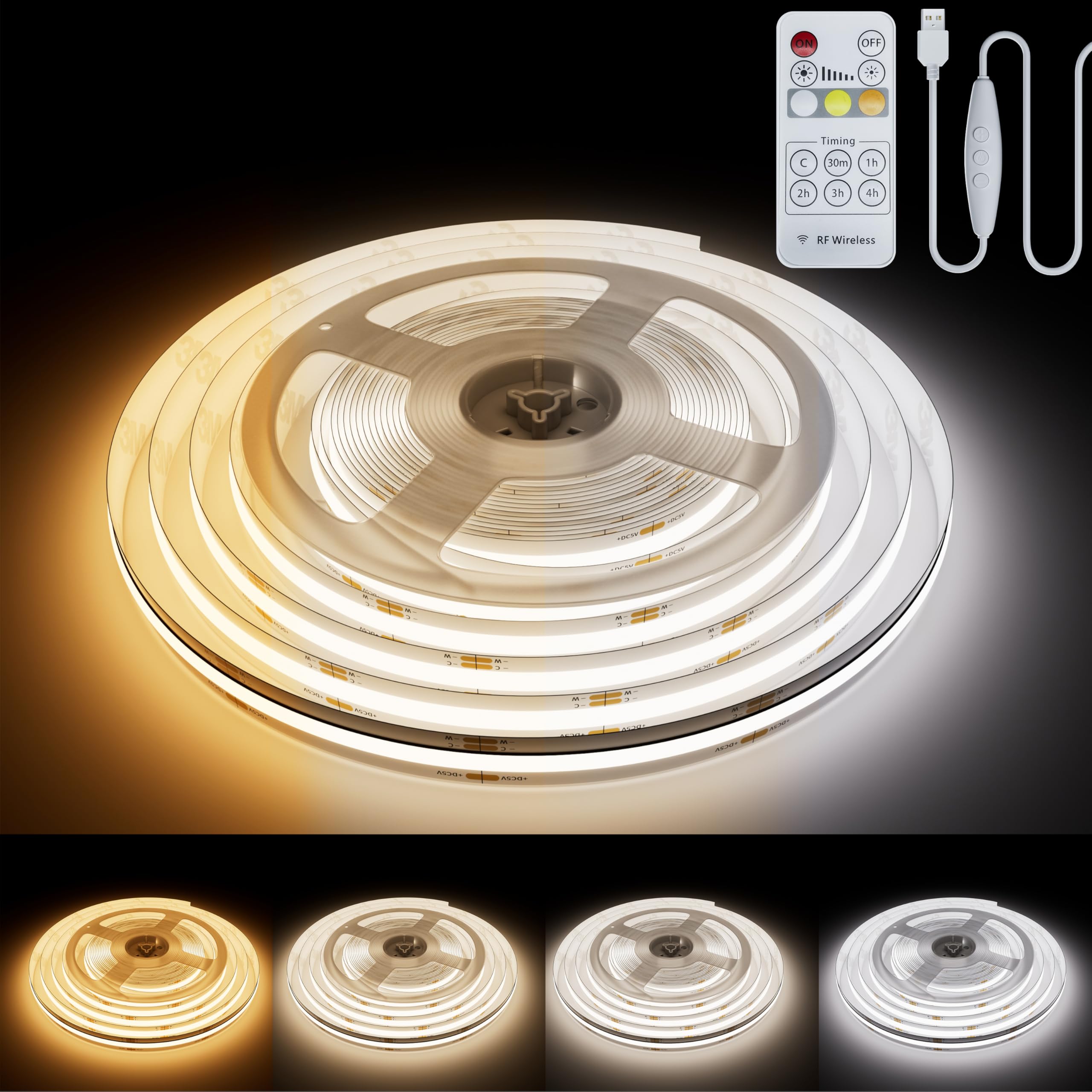 PAUTIX 5V USB CCT Tunable COB LED Strip Light 6.56ft 1280LEDs 2700K-6500K Dimmable RF Remote Model RFCCT