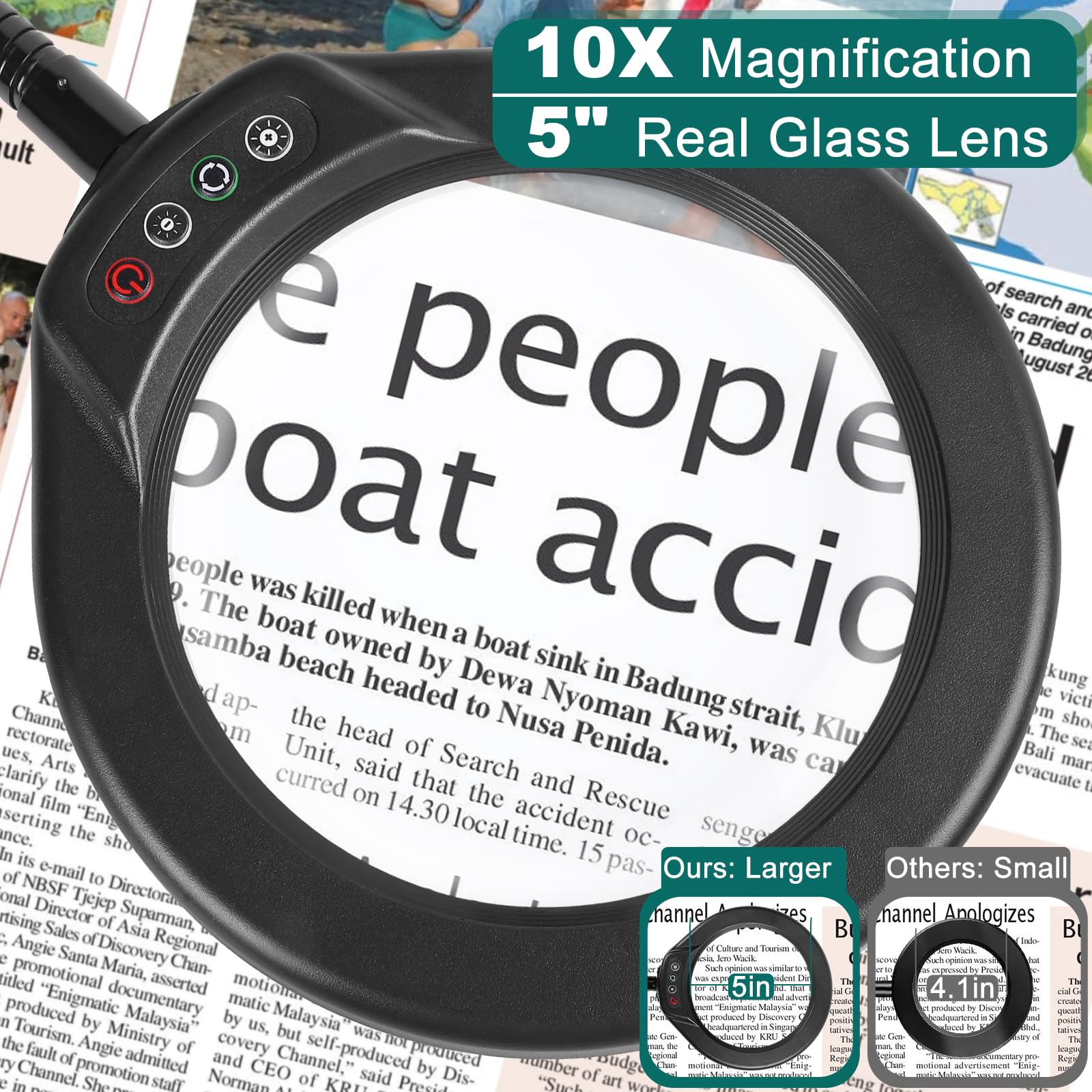 Ivmaie 10X Magnifying Glass With Light And Clamp, 5 Inch Real Glass Magnifying Desk Lamp With Stand, Long Gooseneck, 5 Color Mod