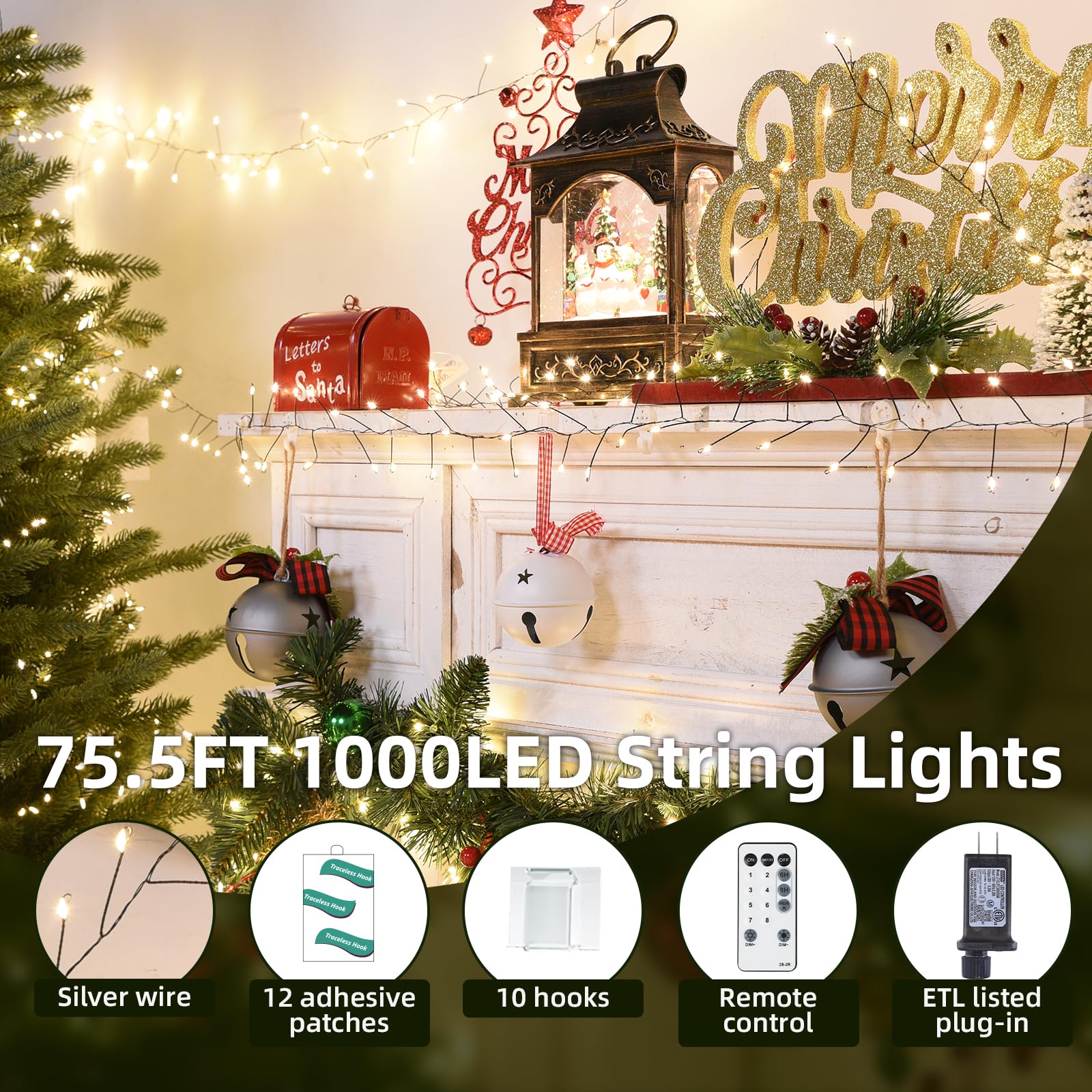 Lycklig Fairy Lights Plug In 65Ft 1000Led Warm Christmas Wreath Twinkle Lights With Timer Remote Waterproof Fire er Firefly Cluster String Light For Bedroom Graland Party Tree Decor Black Wire