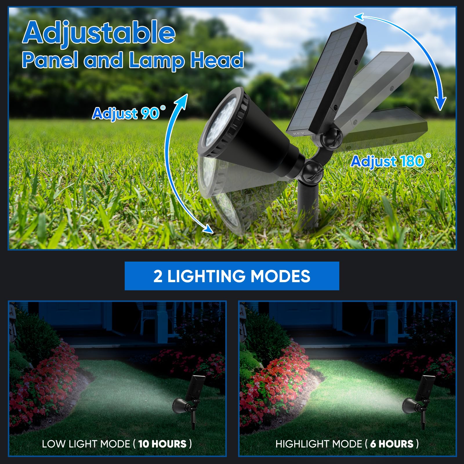 KEV Solar Spot Lights, 800 Lumens, 18 LEDs, IPX65 Waterproof, Adjustable, Cool White, 2 Pack, Model KEV-01