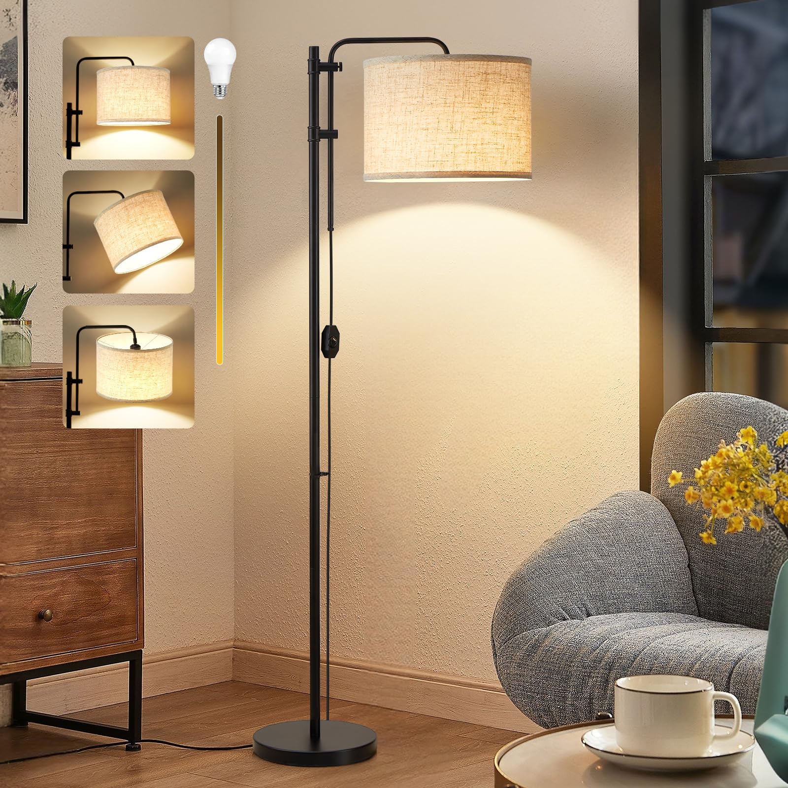 GyroVu Floor Lamp for Living Room, Adjustable Height Standing Lamps with 350 Rotate Beige Lampshade, 67.5-Inch Modern Tall Lamp 