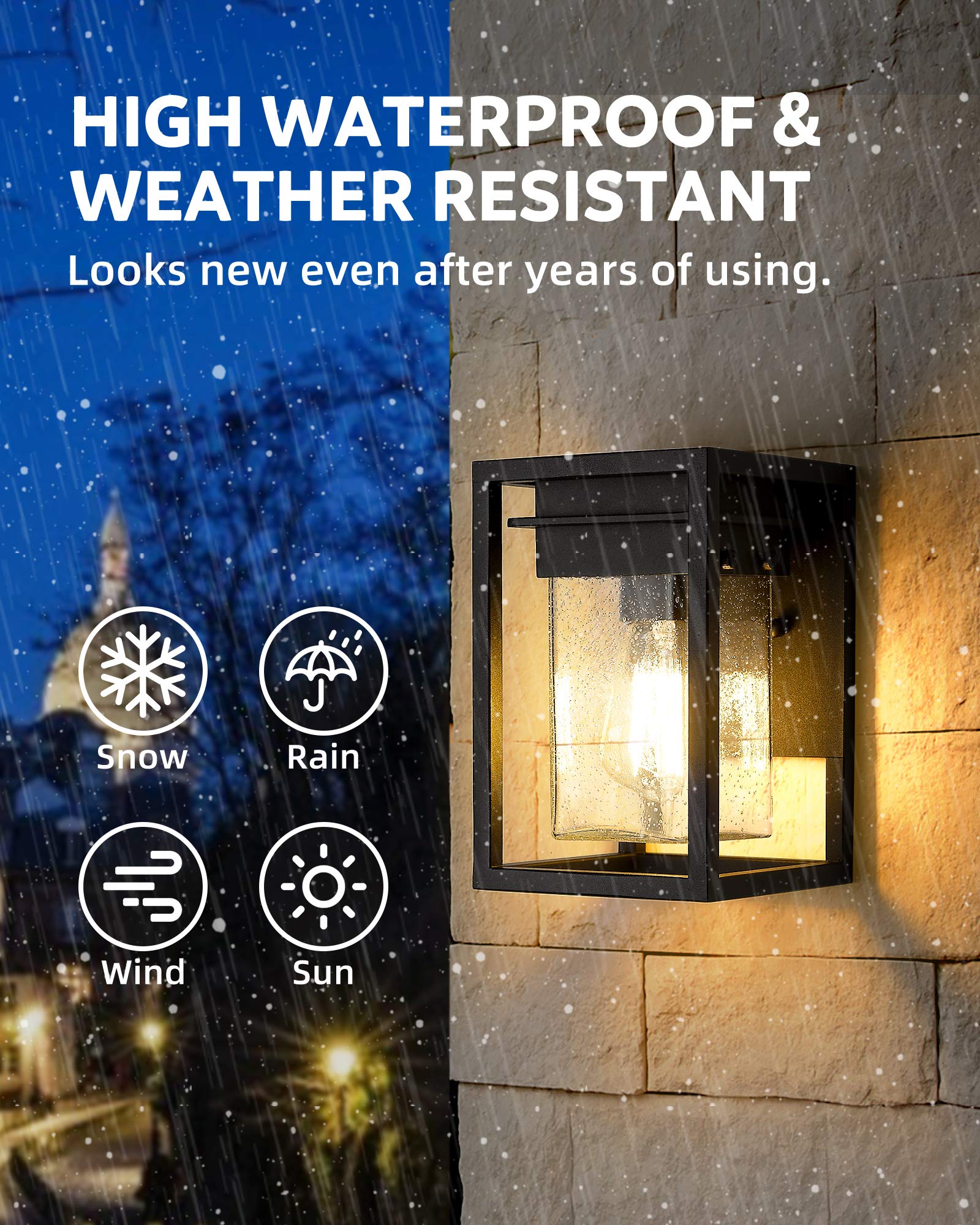 Osimir Outdoor Wall Lights, Black Waterproof Aluminum Fixtures, Modern Square Design, 2103-1W-2PK, Seeded Glass, 2 Pack