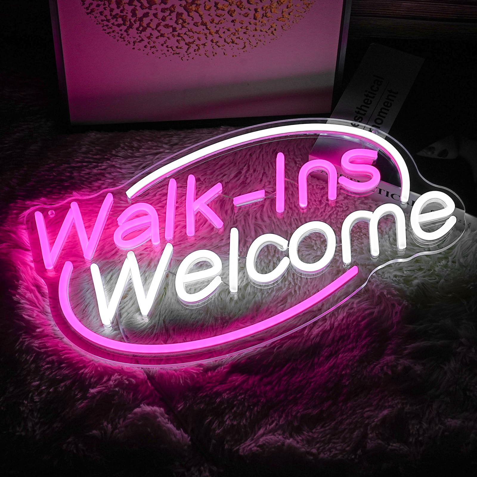 Noasktt Walk-Ins Welcome Neon Sign, Pink + White LED, Acrylic, 16.5x9.4in, USB Powered Wall Decor for Game Room, Bedroom, Bar