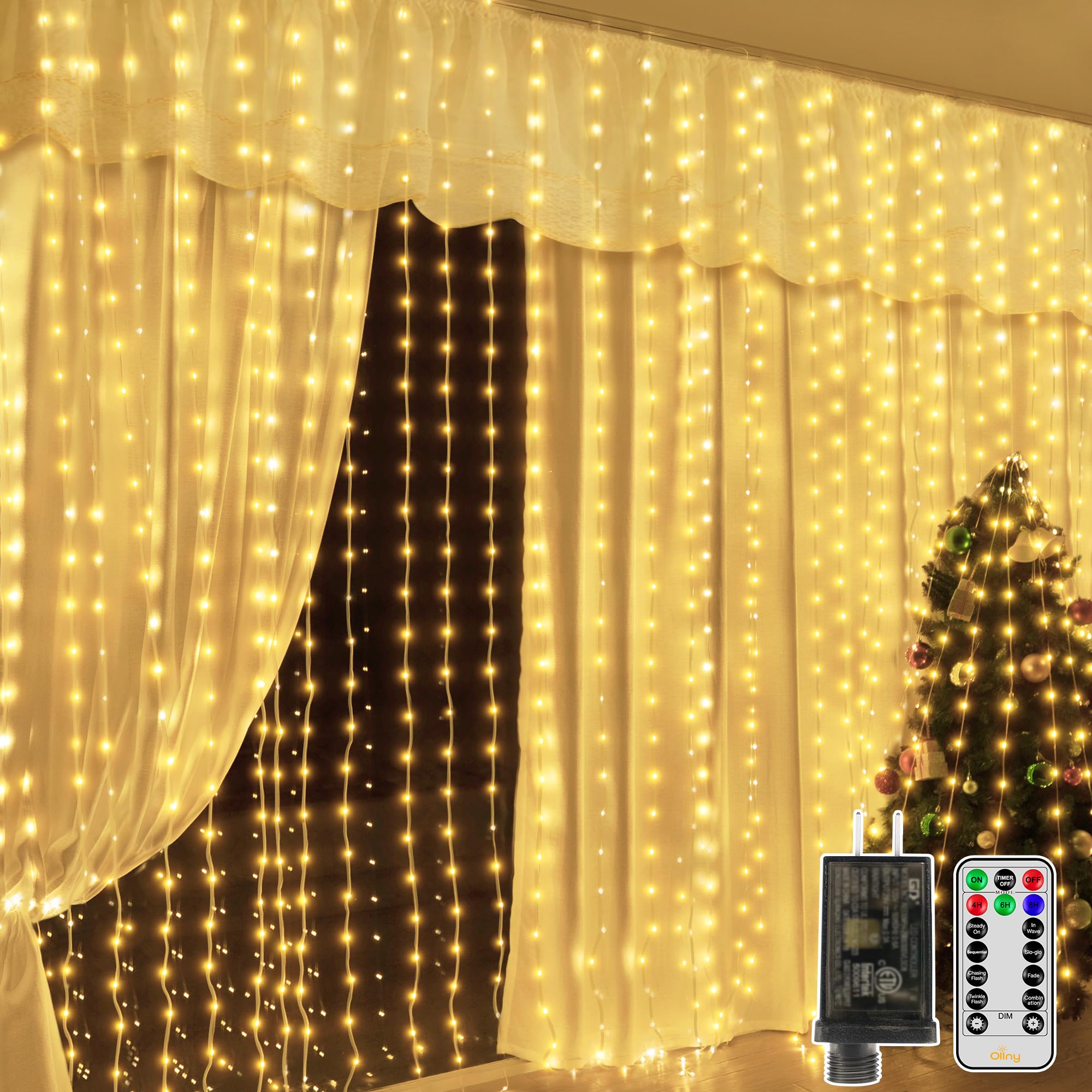 Ollny 600LED Curtain Lights, IP67 Waterproof, 19.7ft x 9.8ft, Warm White, Remote Control, 8 Modes, Model NYB0600F