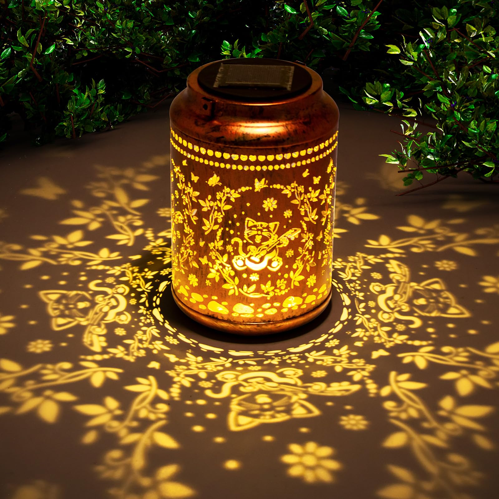 YISITEONE Cat Outdoor Solar Lanterns, Waterproof Metal Hanging Lights for Patio, Brown, Model ES04250500000
